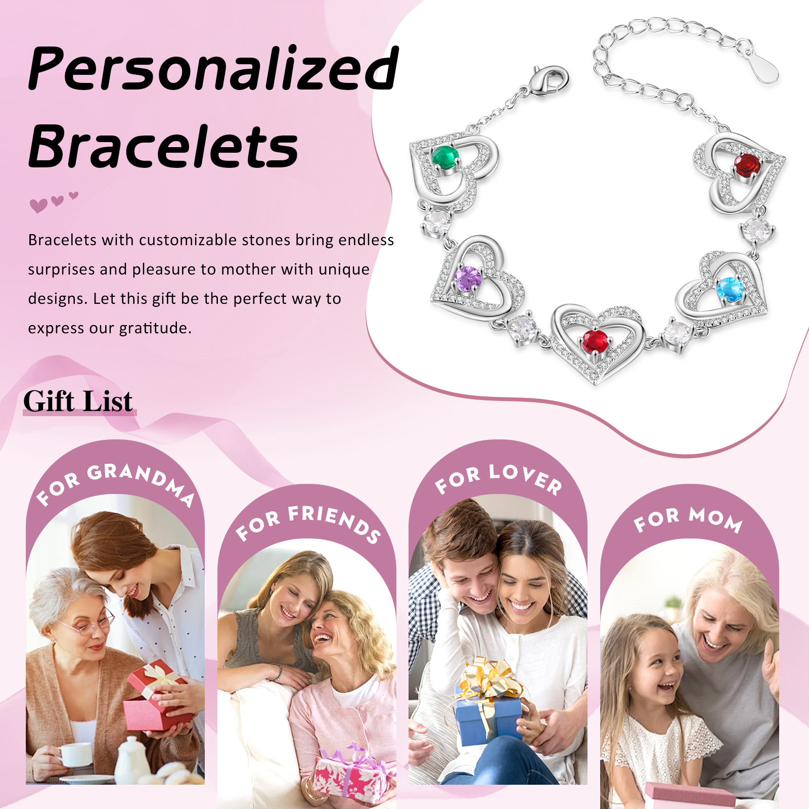 Personalised Bracelet With 5 Birthstones Heart Charm Bracelet Gift For Women | Jessemade