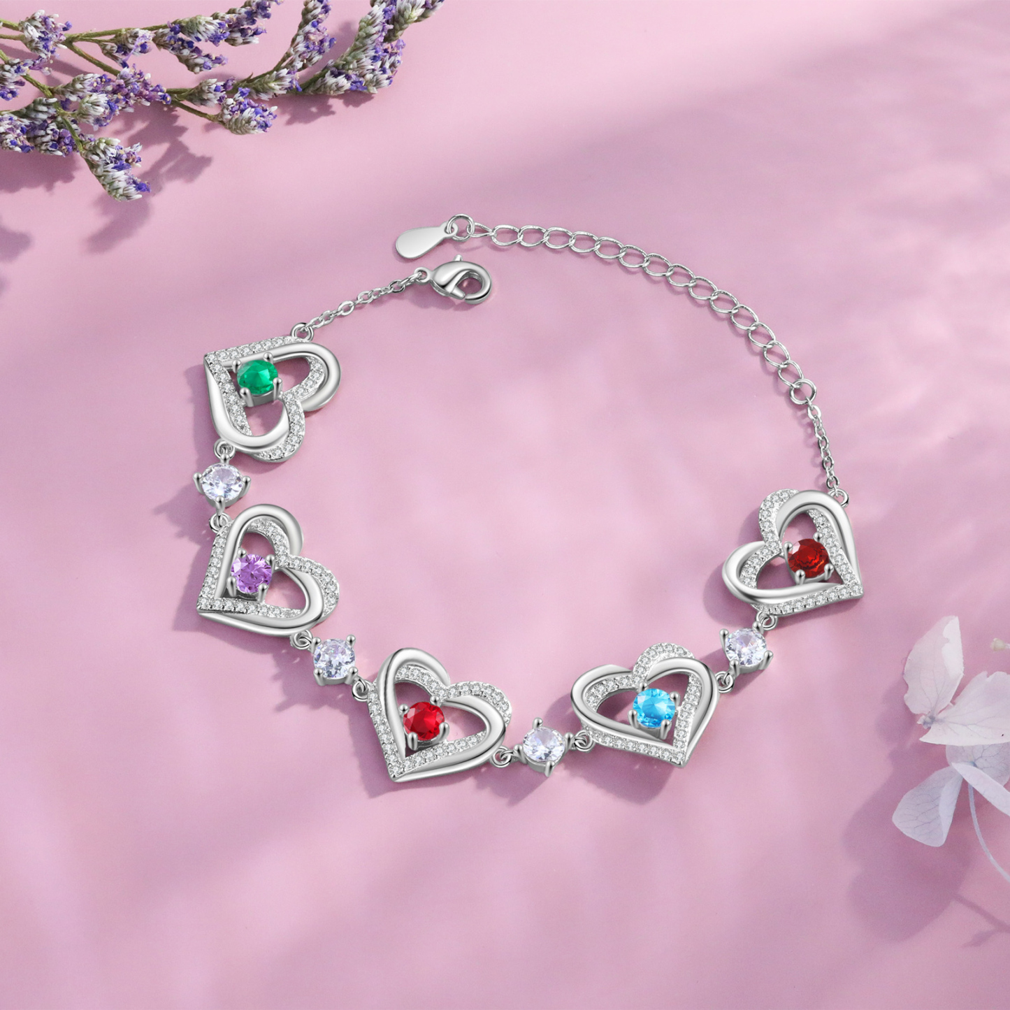 Personalised Bracelet With 5 Birthstones Heart Charm Bracelet Gift For Women | Jessemade