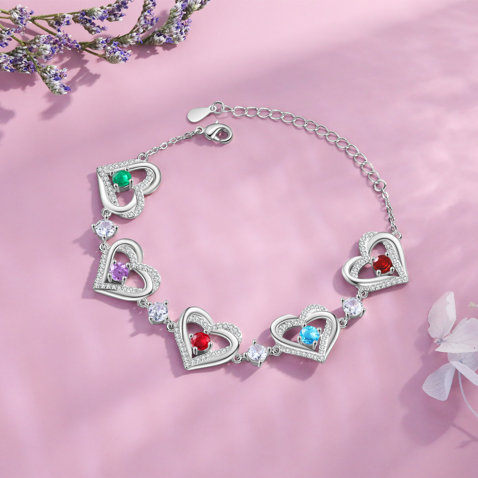 Personalised Bracelet With 5 Birthstones Heart Charm Bracelet Gift For Women | Jessemade