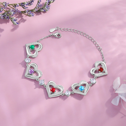 Personalised Bracelet With 5 Birthstones Heart Charm Bracelet Gift For Women | Jessemade