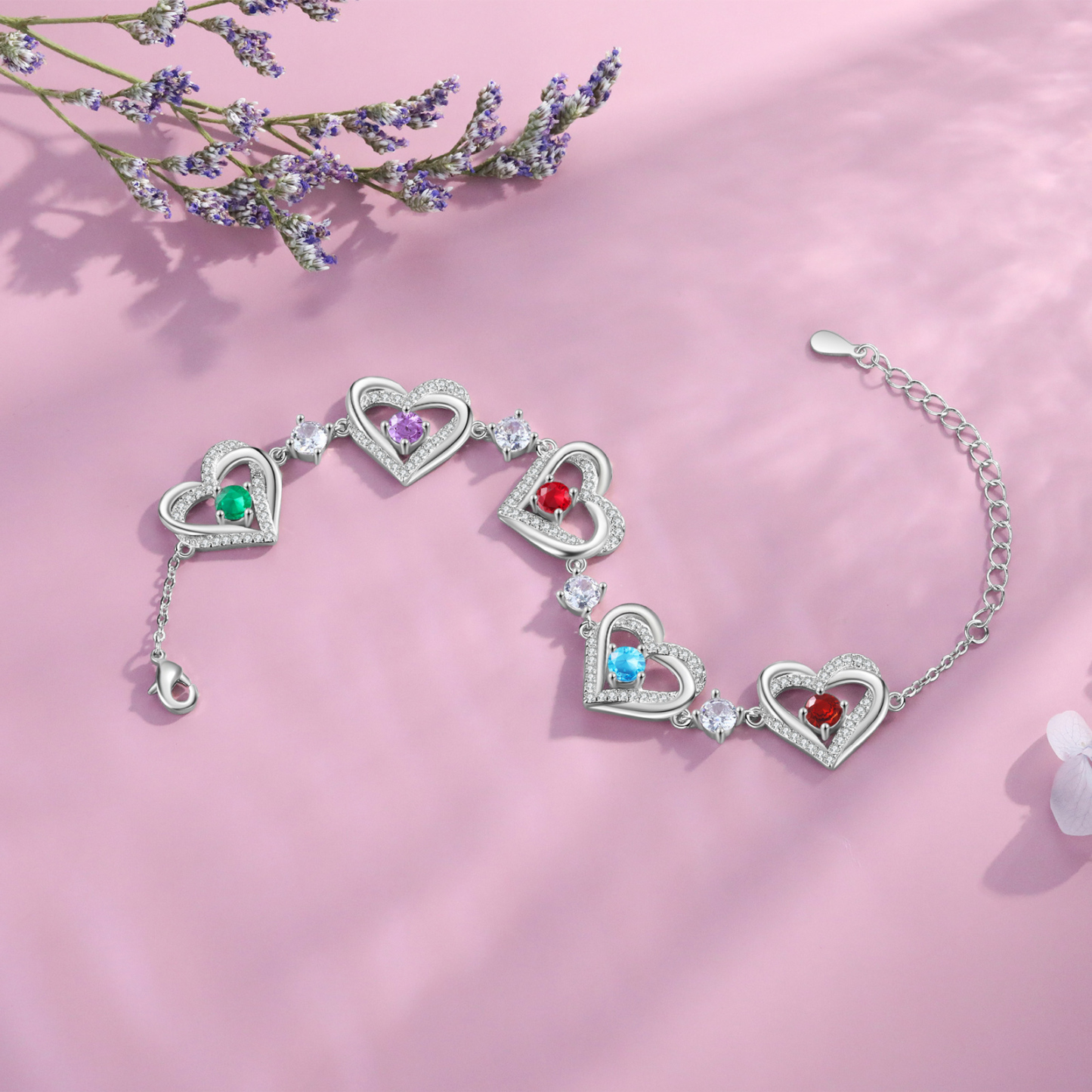 Personalised Bracelet With 5 Birthstones Heart Charm Bracelet Gift For Women | Jessemade