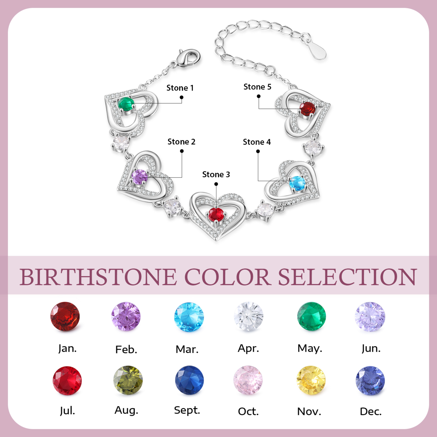 Personalised Bracelet With 5 Birthstones Heart Charm Bracelet Gift For Women | Jessemade