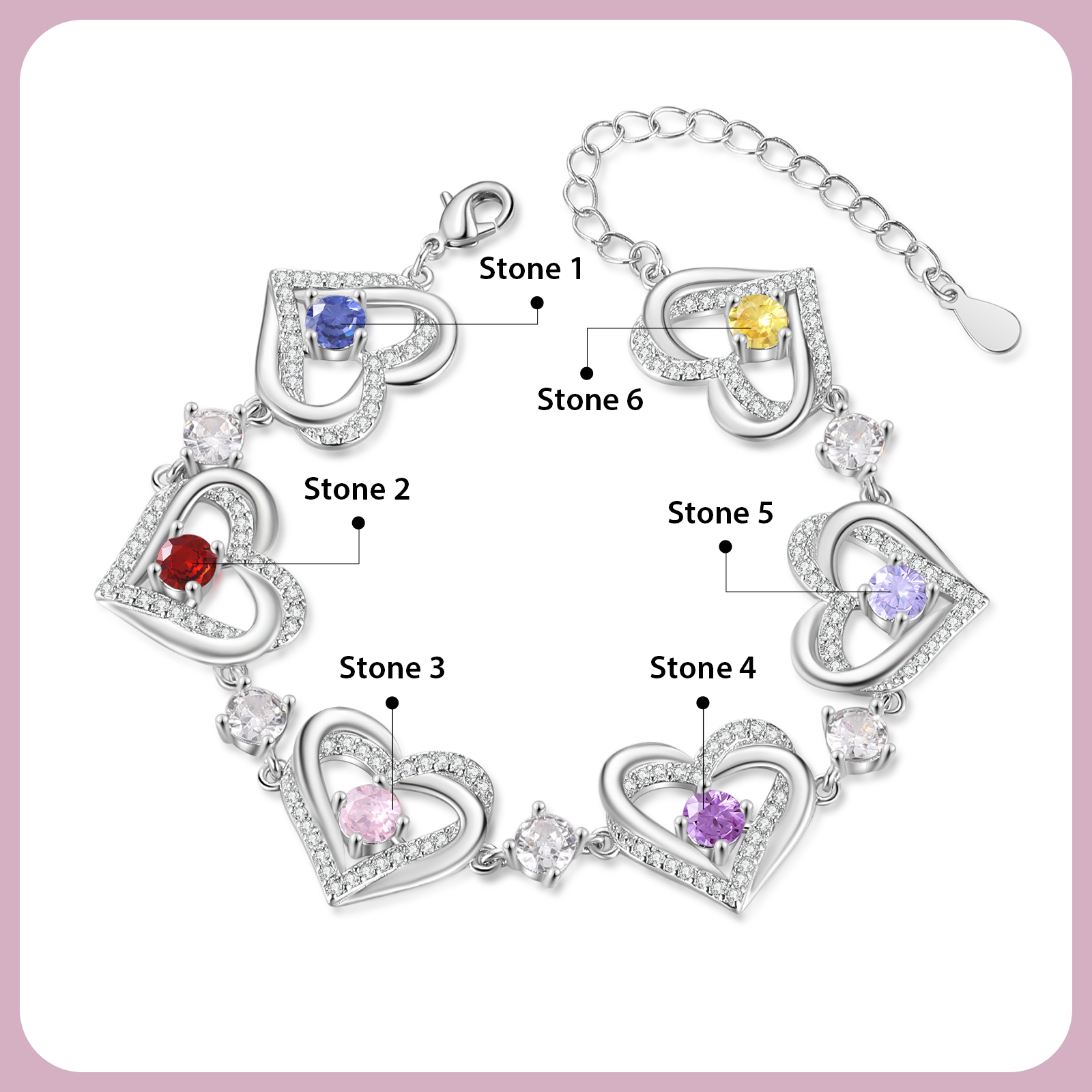 Personalised Bracelet With 6 Birthstones Heart Charm Bracelet Gift For Women | Jessemade