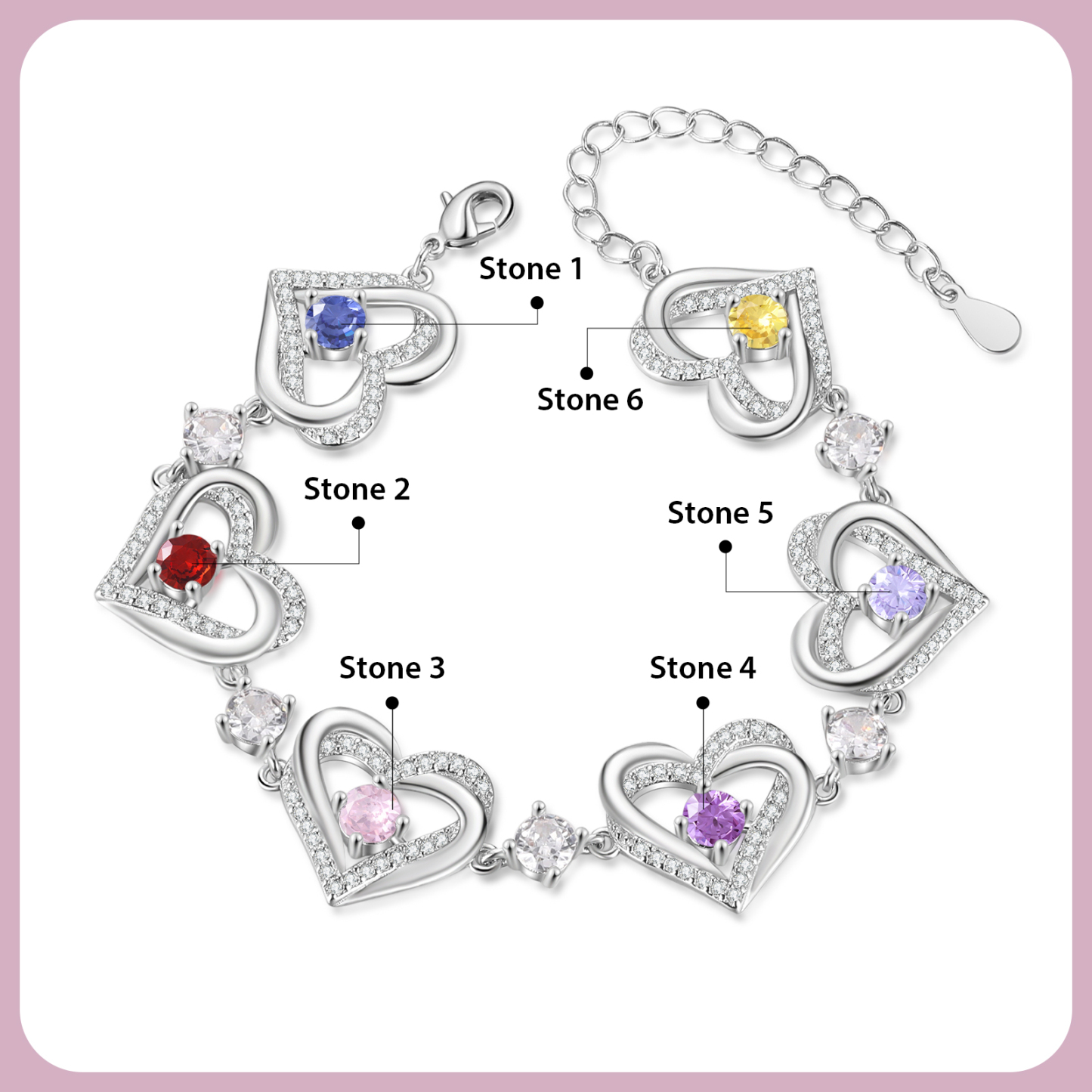 Personalised Bracelet With 6 Birthstones Heart Charm Bracelet Gift For Women | Jessemade