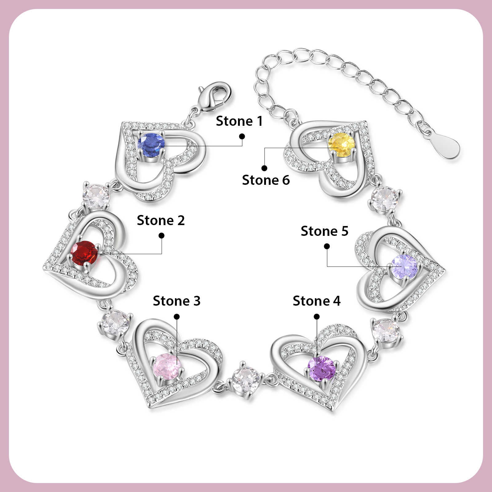 Personalised Bracelet With 6 Birthstones Heart Charm Bracelet Gift For Women | Jessemade