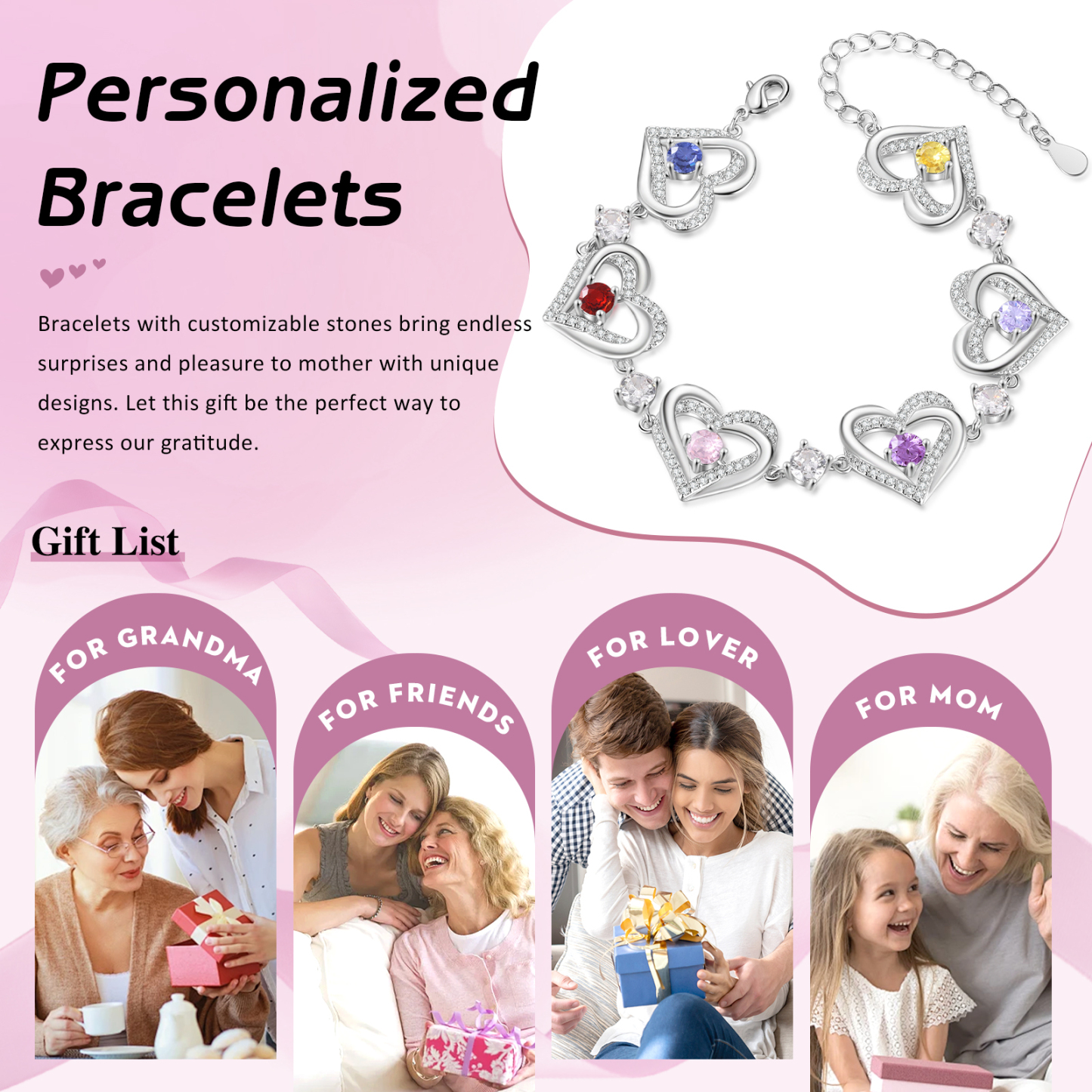 Personalised Bracelet With 6 Birthstones Heart Charm Bracelet Gift For Women | Jessemade