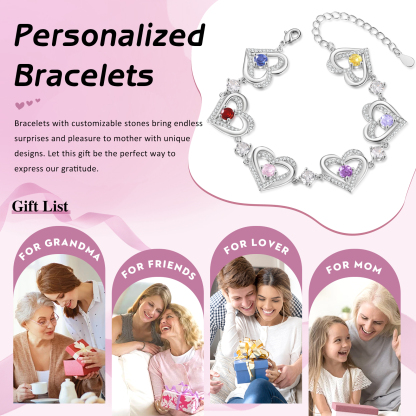 Personalised Bracelet With 6 Birthstones Heart Charm Bracelet Gift For Women | Jessemade