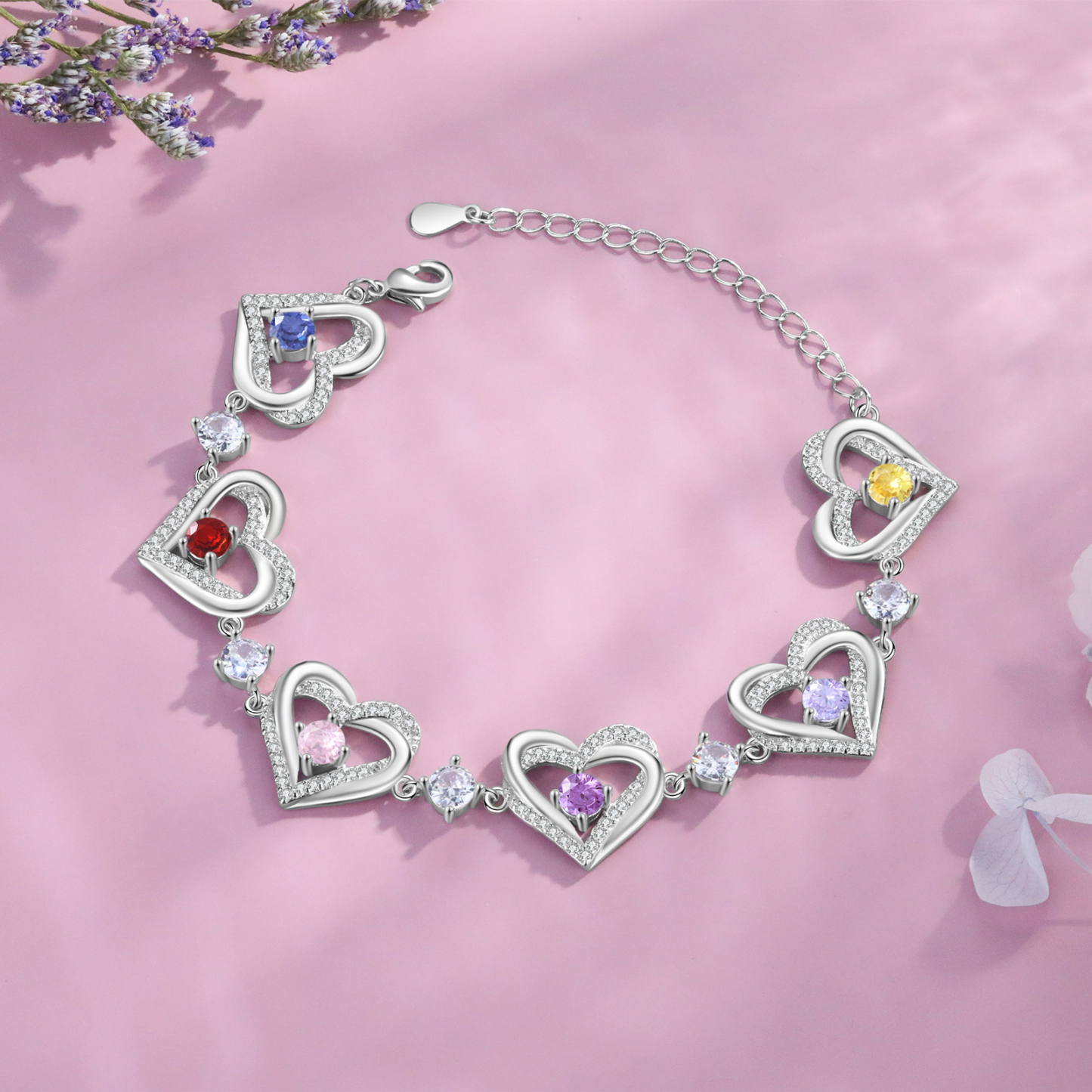 Personalised Bracelet With 6 Birthstones Heart Charm Bracelet Gift For Women | Jessemade