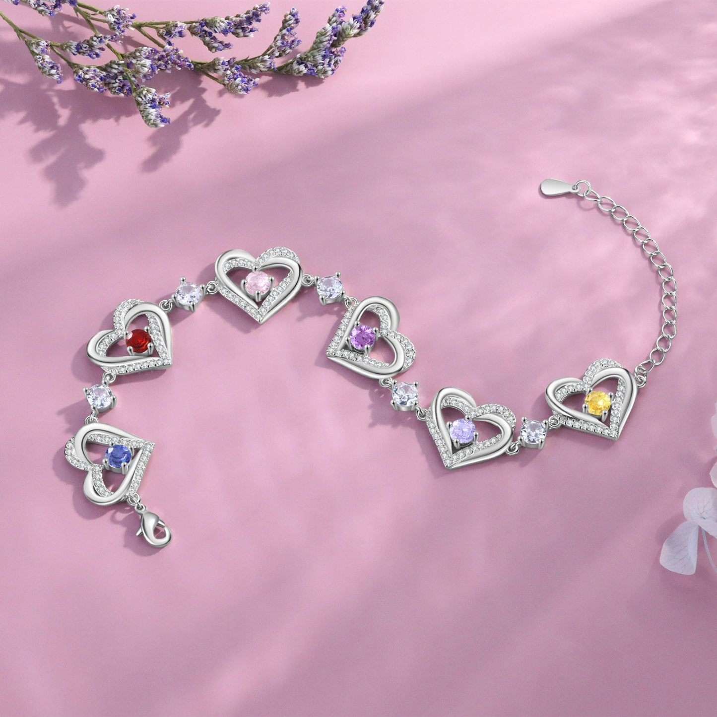 Personalised Bracelet With 6 Birthstones Heart Charm Bracelet Gift For Women | Jessemade