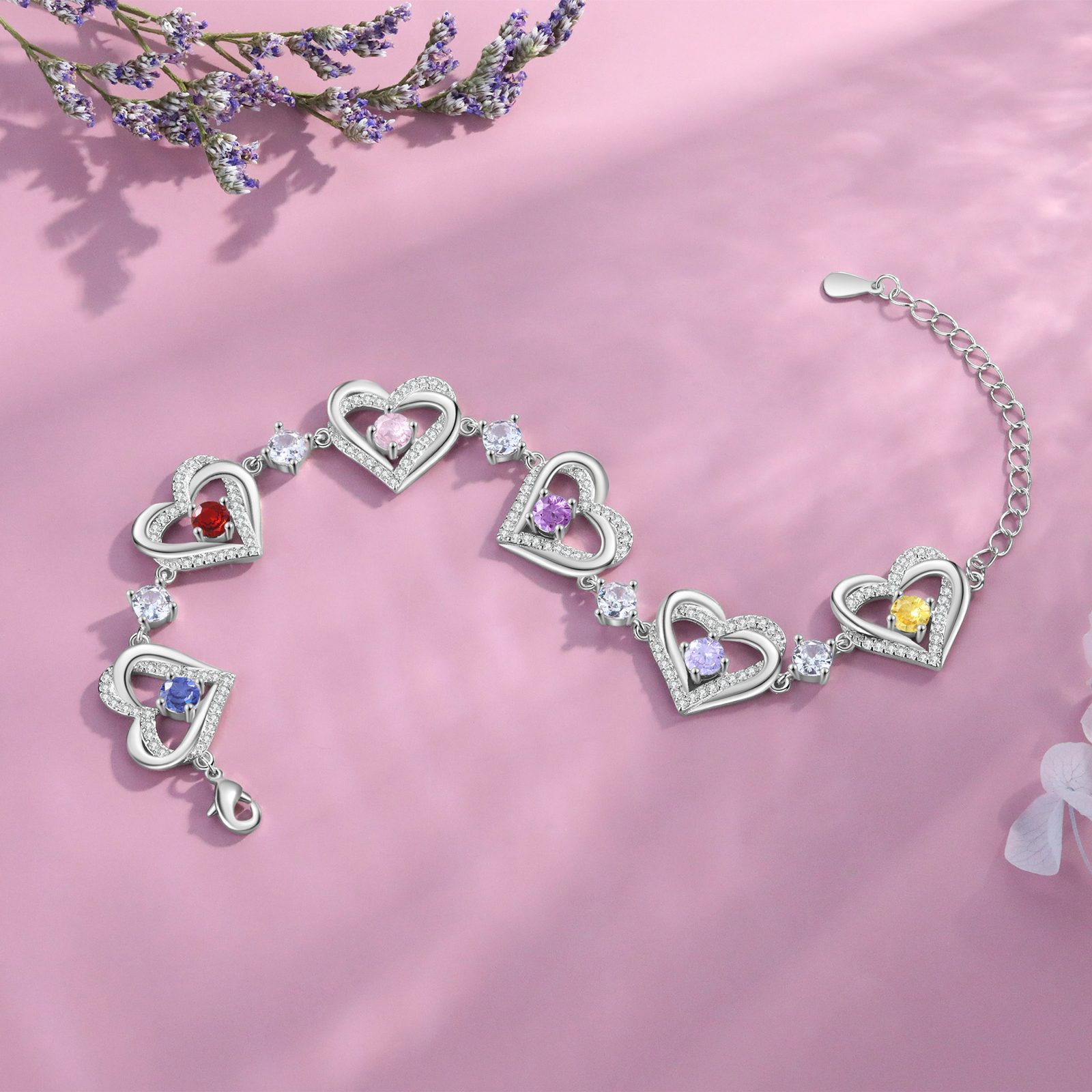 Personalised Bracelet With 6 Birthstones Heart Charm Bracelet Gift For Women | Jessemade