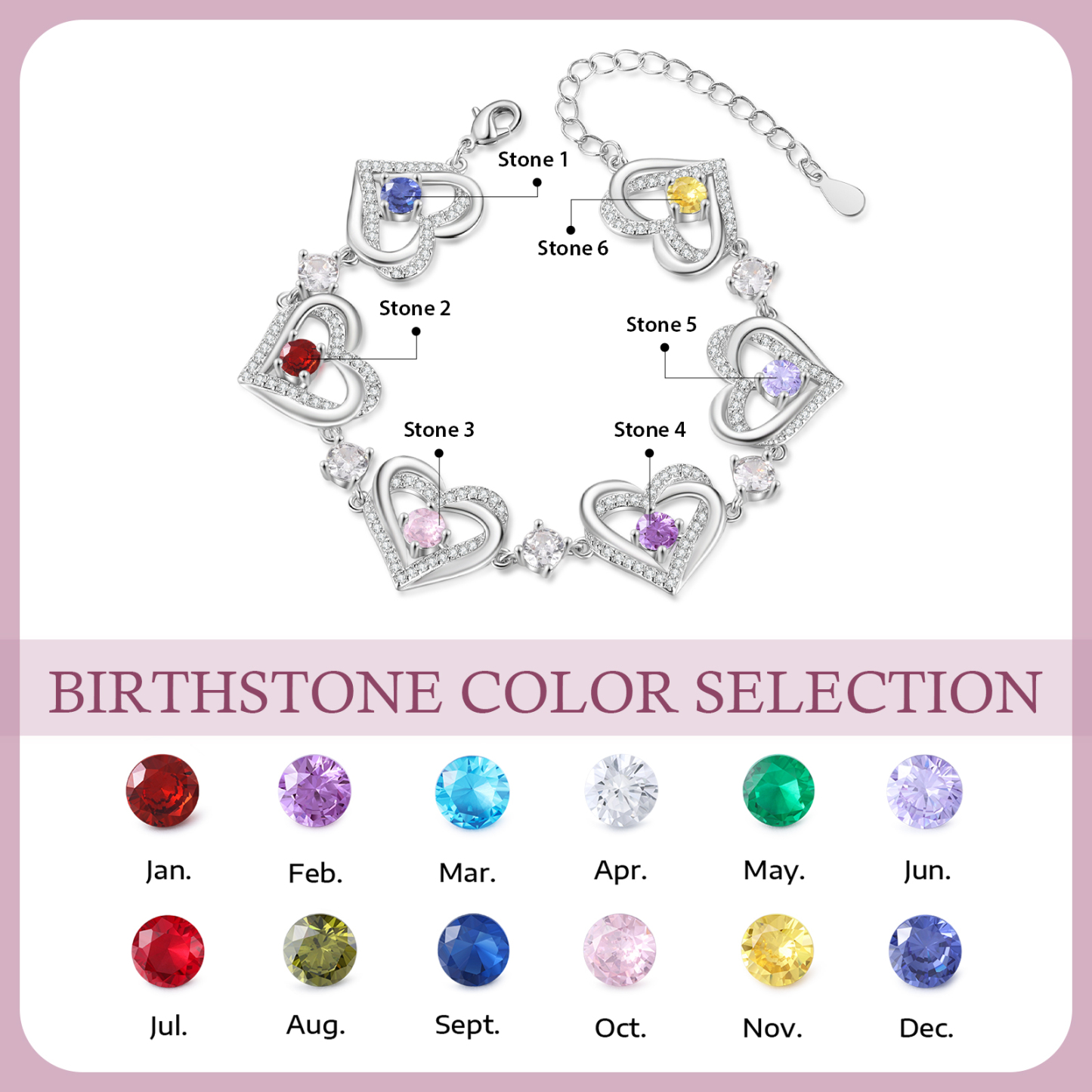 Personalised Bracelet With 6 Birthstones Heart Charm Bracelet Gift For Women | Jessemade