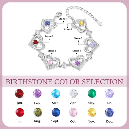 Personalised Bracelet With 6 Birthstones Heart Charm Bracelet Gift For Women | Jessemade
