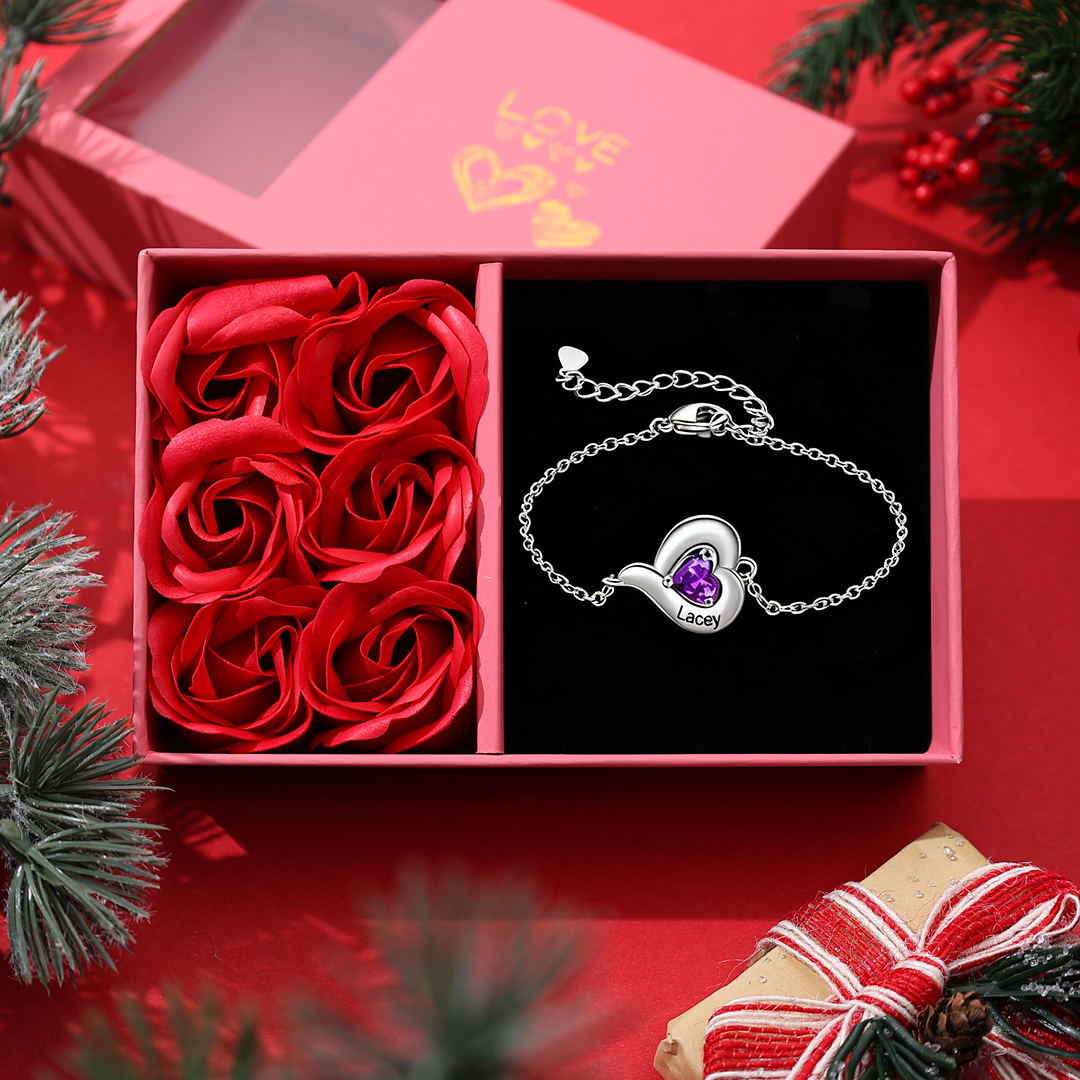 Personalised 1-5 Names Adjustable Heart Birthstone Bracelet