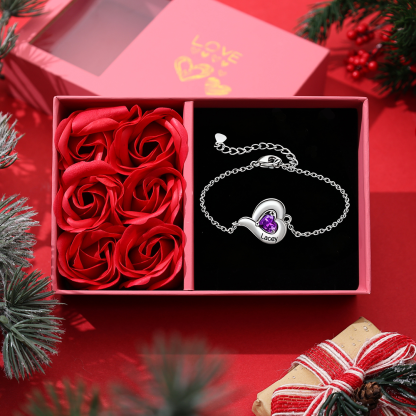 Personalised 1-5 Names Adjustable Heart Birthstone Bracelet