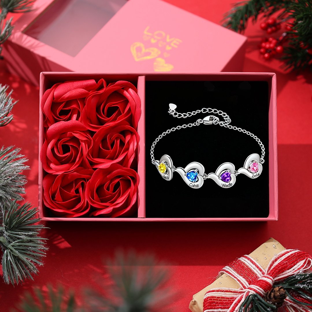 Personalised 1-5 Names Adjustable Heart Birthstone Bracelet