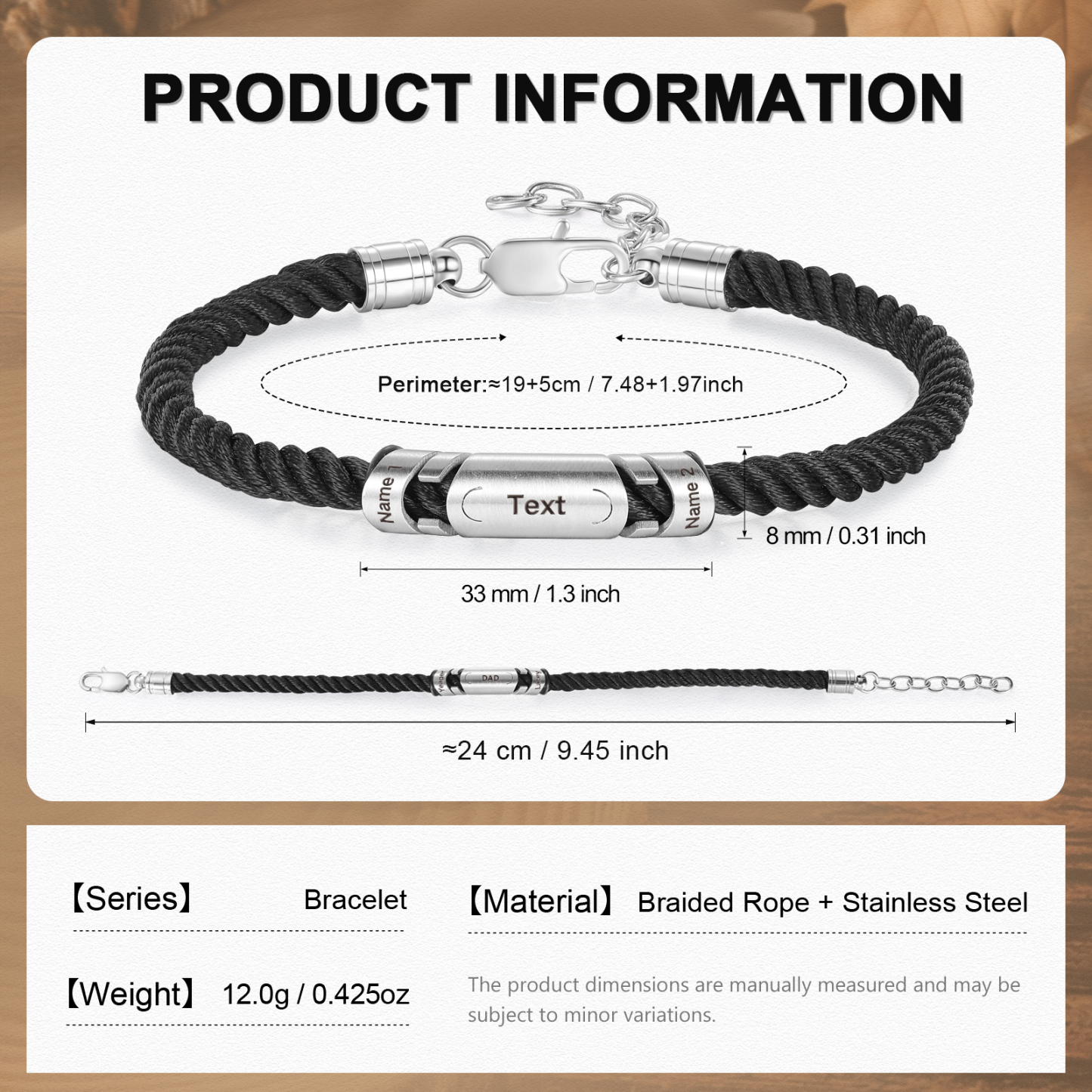 2 Names & 1 Text Personalised Men Adjustable Bracelet – Braided Rope & Stainless Steel Design | Jessemade