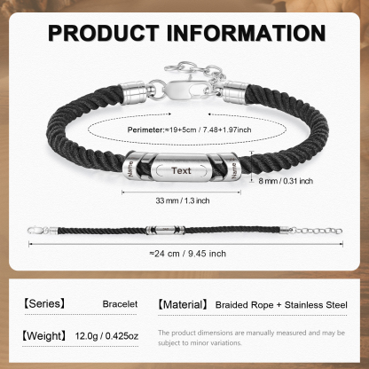 2 Names & 1 Text Personalised Men Adjustable Bracelet – Braided Rope & Stainless Steel Design | Jessemade