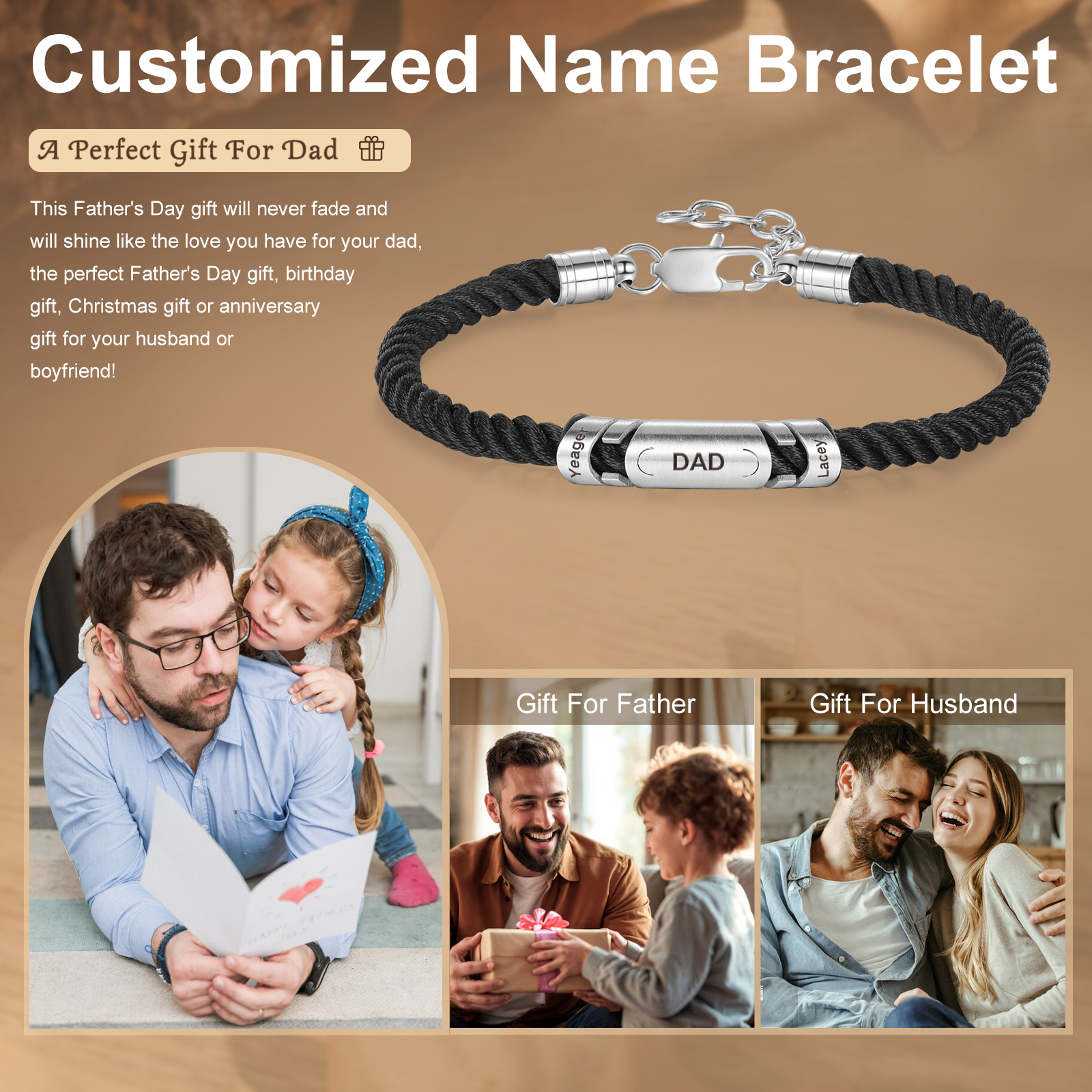 2 Names & 1 Text Personalised Men Adjustable Bracelet – Braided Rope & Stainless Steel Design | Jessemade