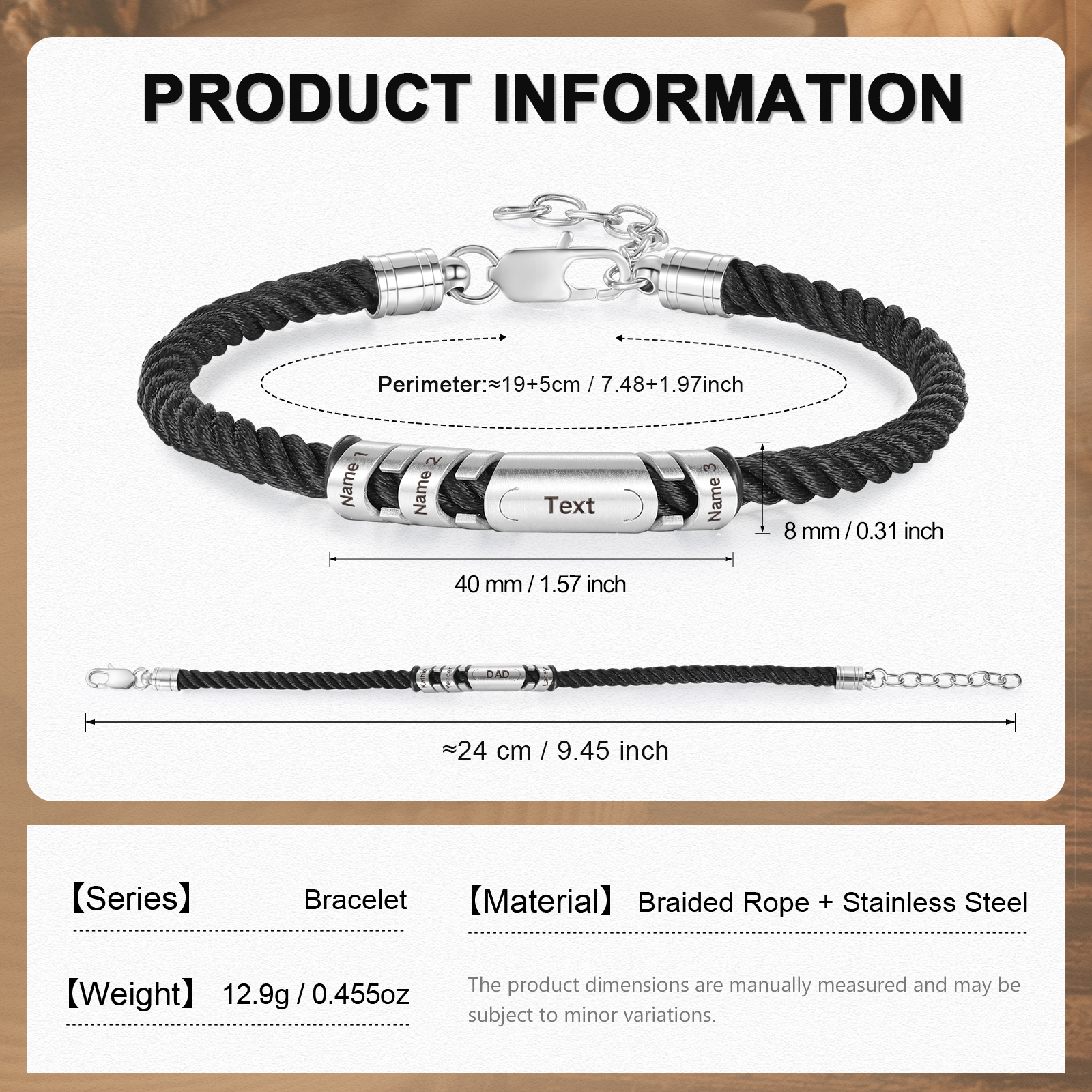 3 Names & 1 Text Personalised Men Adjustable Bracelet – Braided Rope & Stainless Steel Design | Jessemade