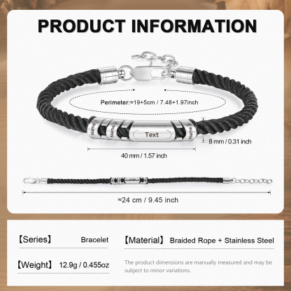 3 Names & 1 Text Personalised Men Adjustable Bracelet – Braided Rope & Stainless Steel Design | Jessemade