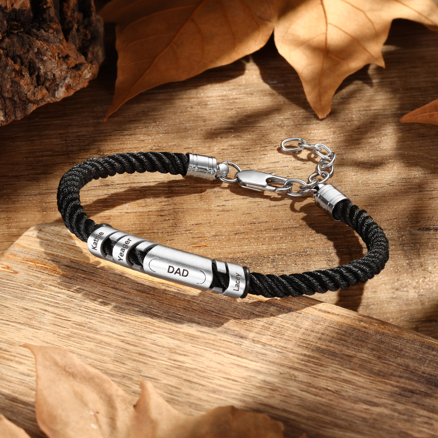 3 Names & 1 Text Personalised Men Adjustable Bracelet – Braided Rope & Stainless Steel Design | Jessemade