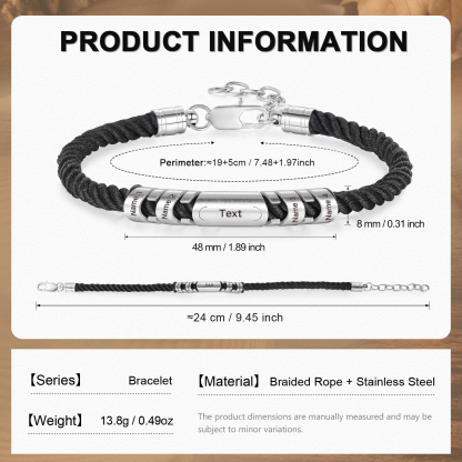 4 Names & 1 Text Personalised Men Adjustable Bracelet – Braided Rope & Stainless Steel Design | Jessemade