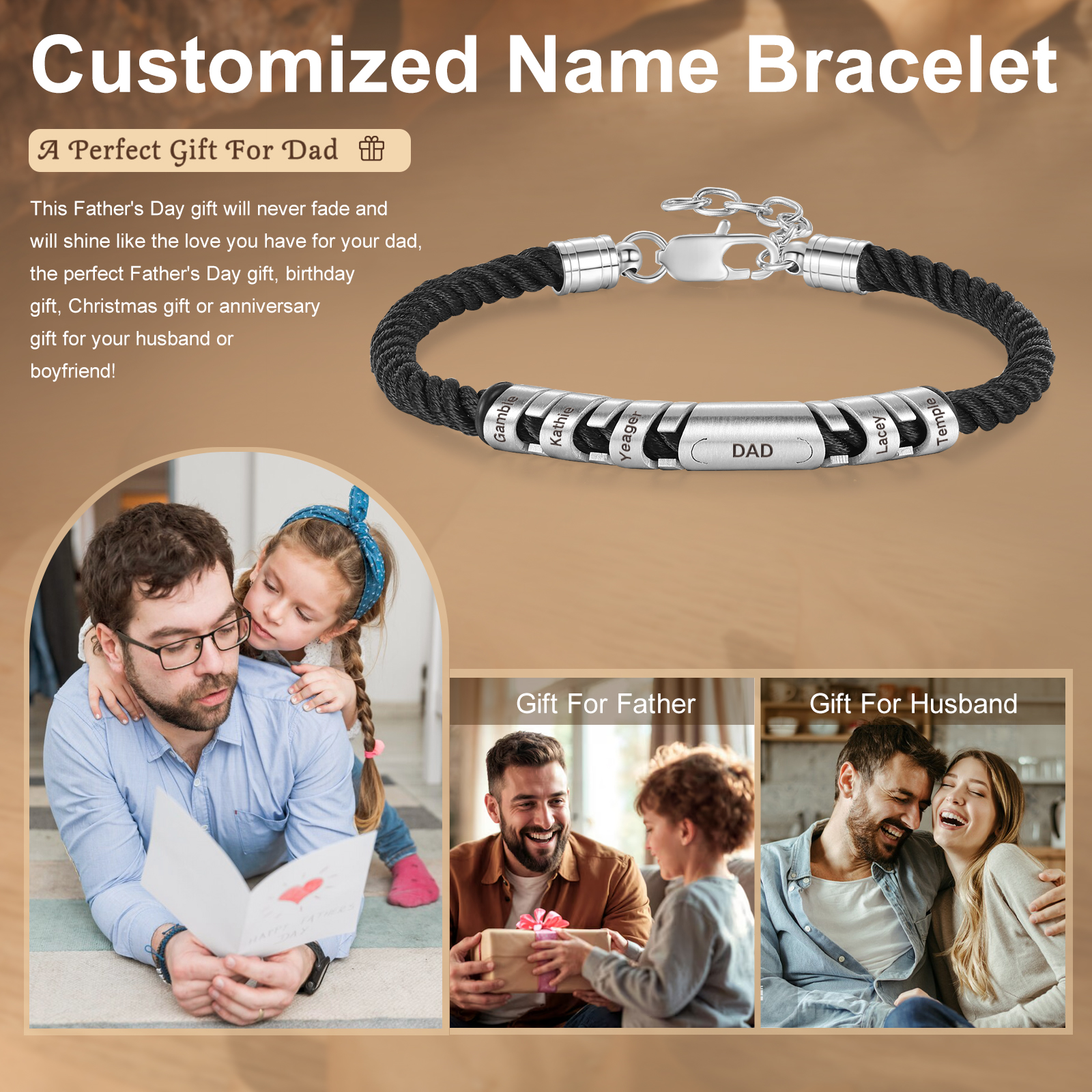 5 Names & 1 Text Personalised Men Adjustable Bracelet – Braided Rope & Stainless Steel Design | Jessemade