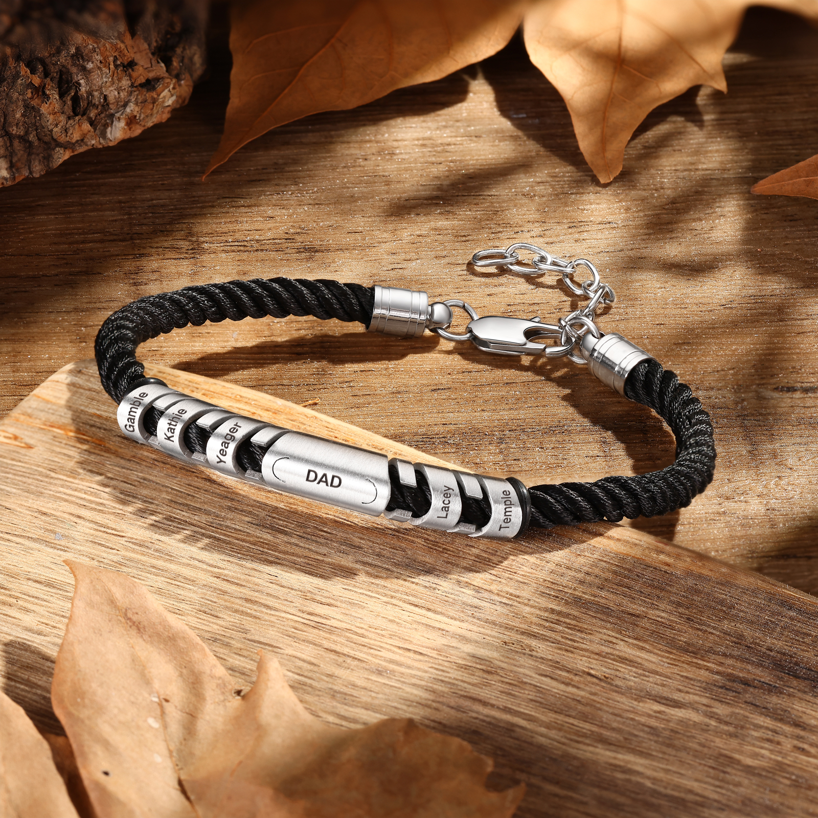 5 Names & 1 Text Personalised Men Adjustable Bracelet – Braided Rope & Stainless Steel Design | Jessemade