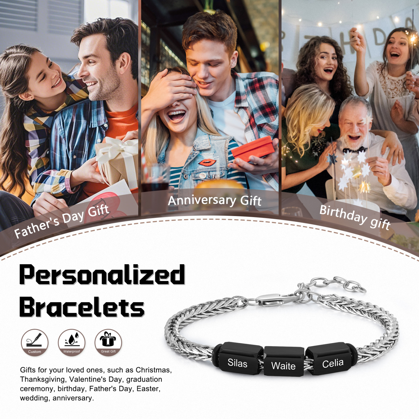 Personalised Stainless Steel Bracelet with 3 Names - Custom Gift for Him | Jessemade