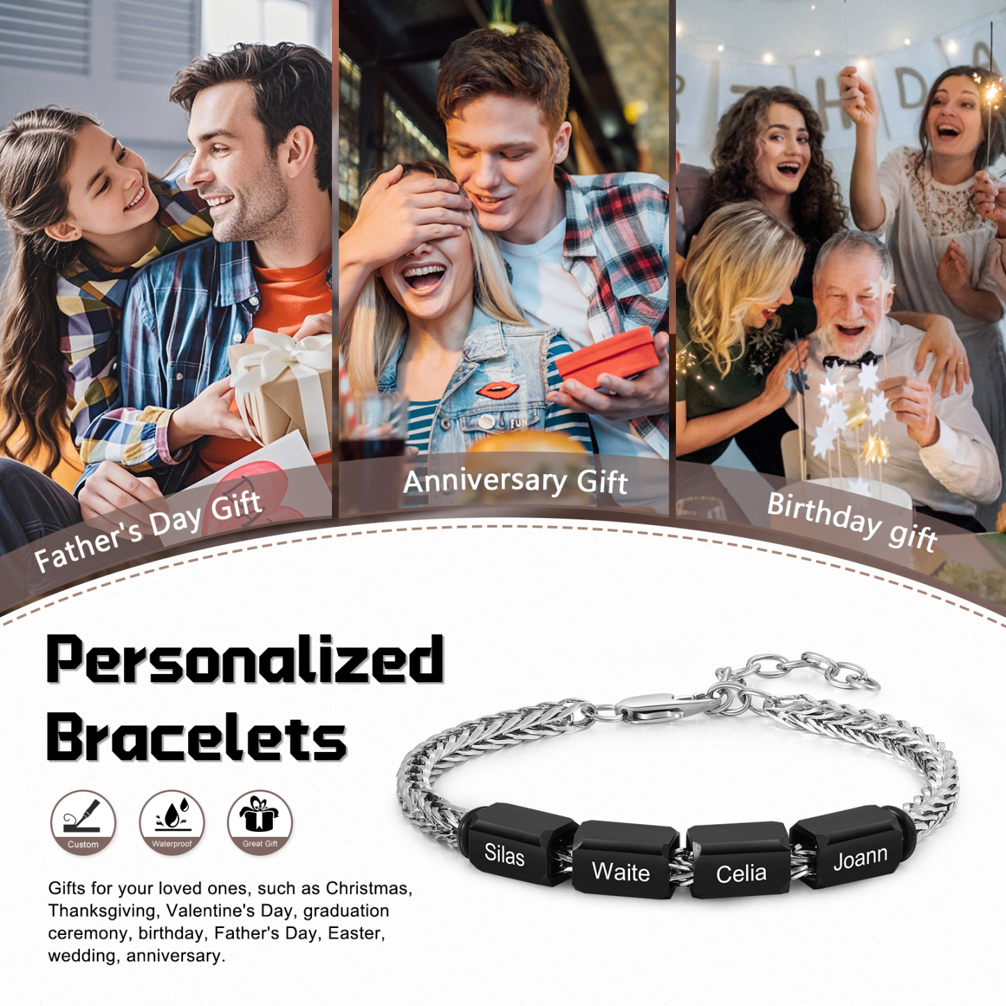 Personalised Stainless Steel Bracelet with 4 Names - Custom Gift for Him | Jessemade