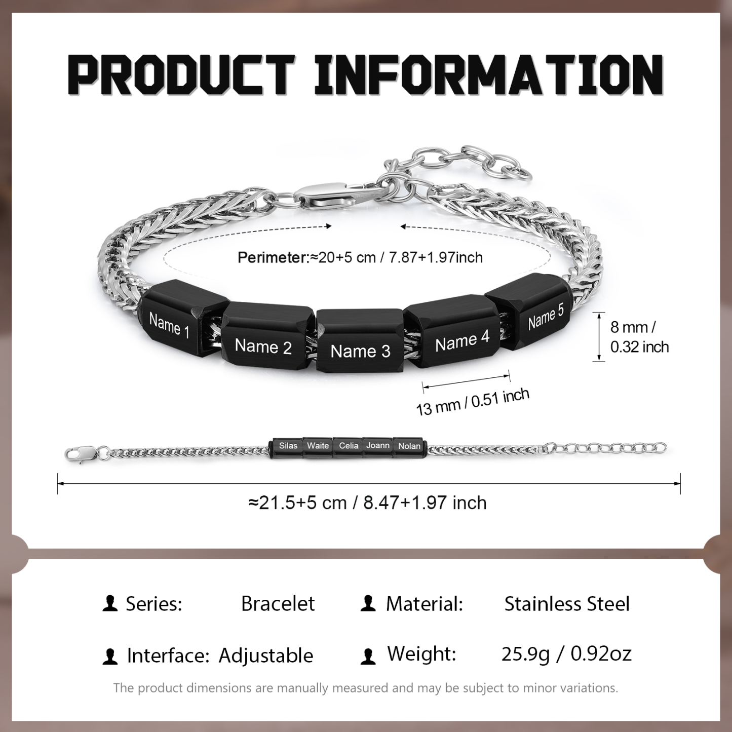 Personalised Stainless Steel Bracelet with 5 Names - Custom Gift for Him | Jessemade