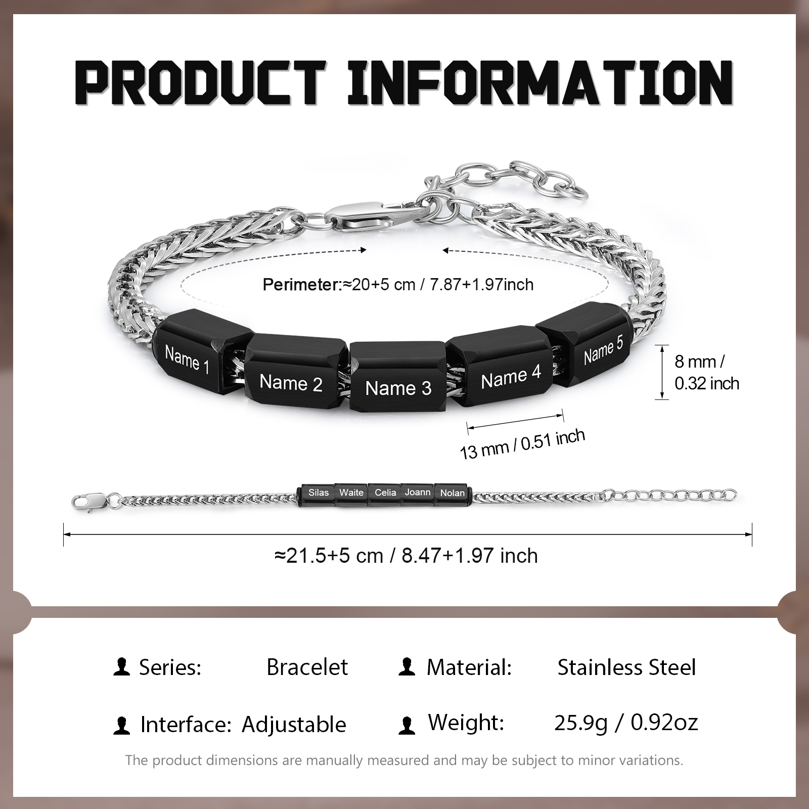 Personalised Stainless Steel Bracelet with 5 Names - Custom Gift for Him | Jessemade