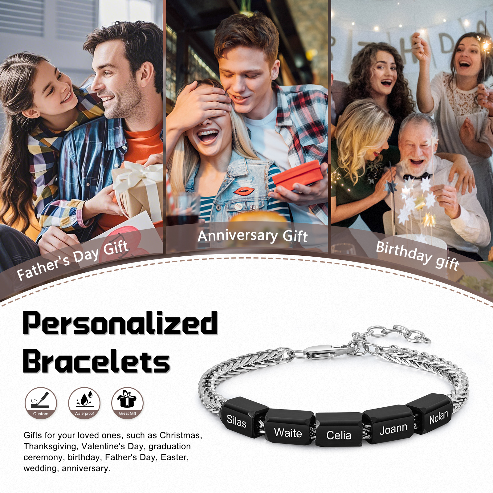 Personalised Stainless Steel Bracelet with 5 Names - Custom Gift for Him | Jessemade