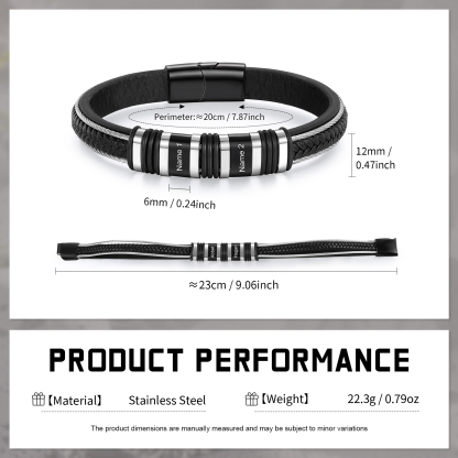 Personalised Men Leather Stainless Steel Bracelet with 2 Names - Custom Gift for Him | Jessemade