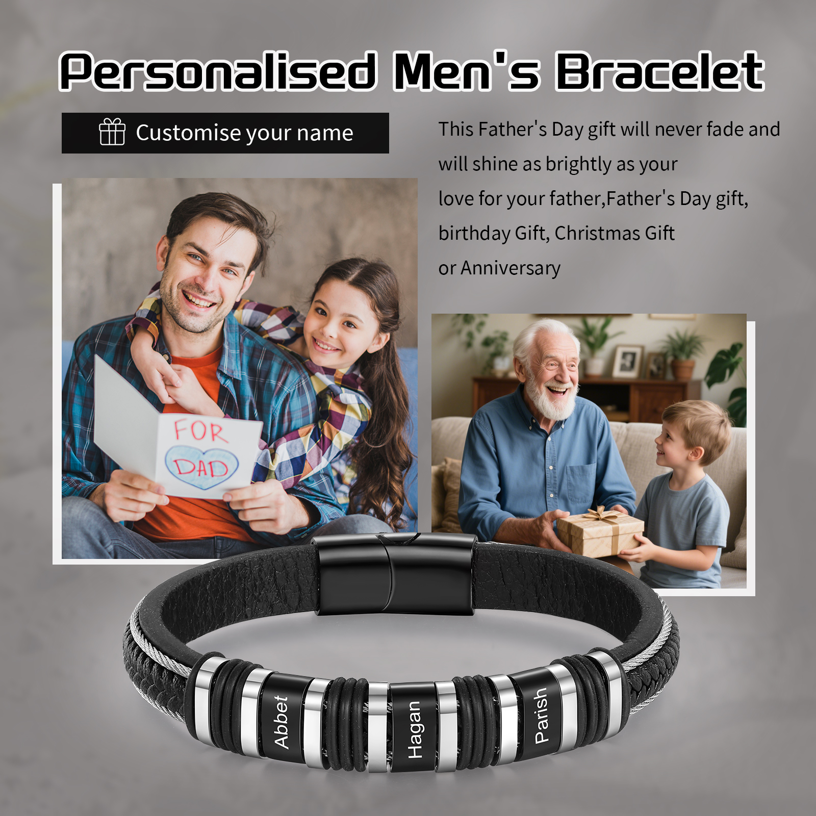 Personalised Men Leather Stainless Steel Bracelet with 3 Names - Custom Gift for Him | Jessemade
