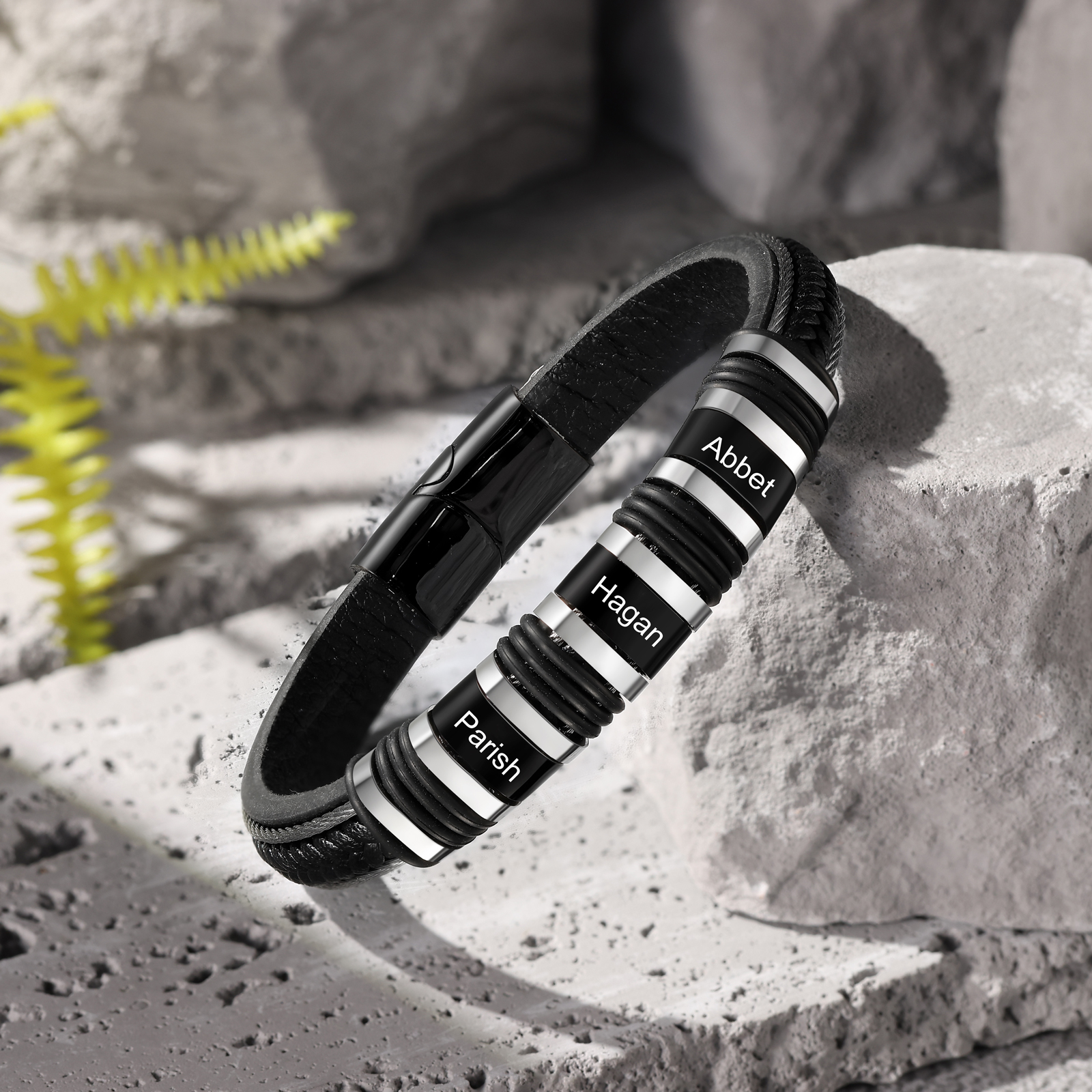 Personalised Men Leather Stainless Steel Bracelet with 3 Names - Custo