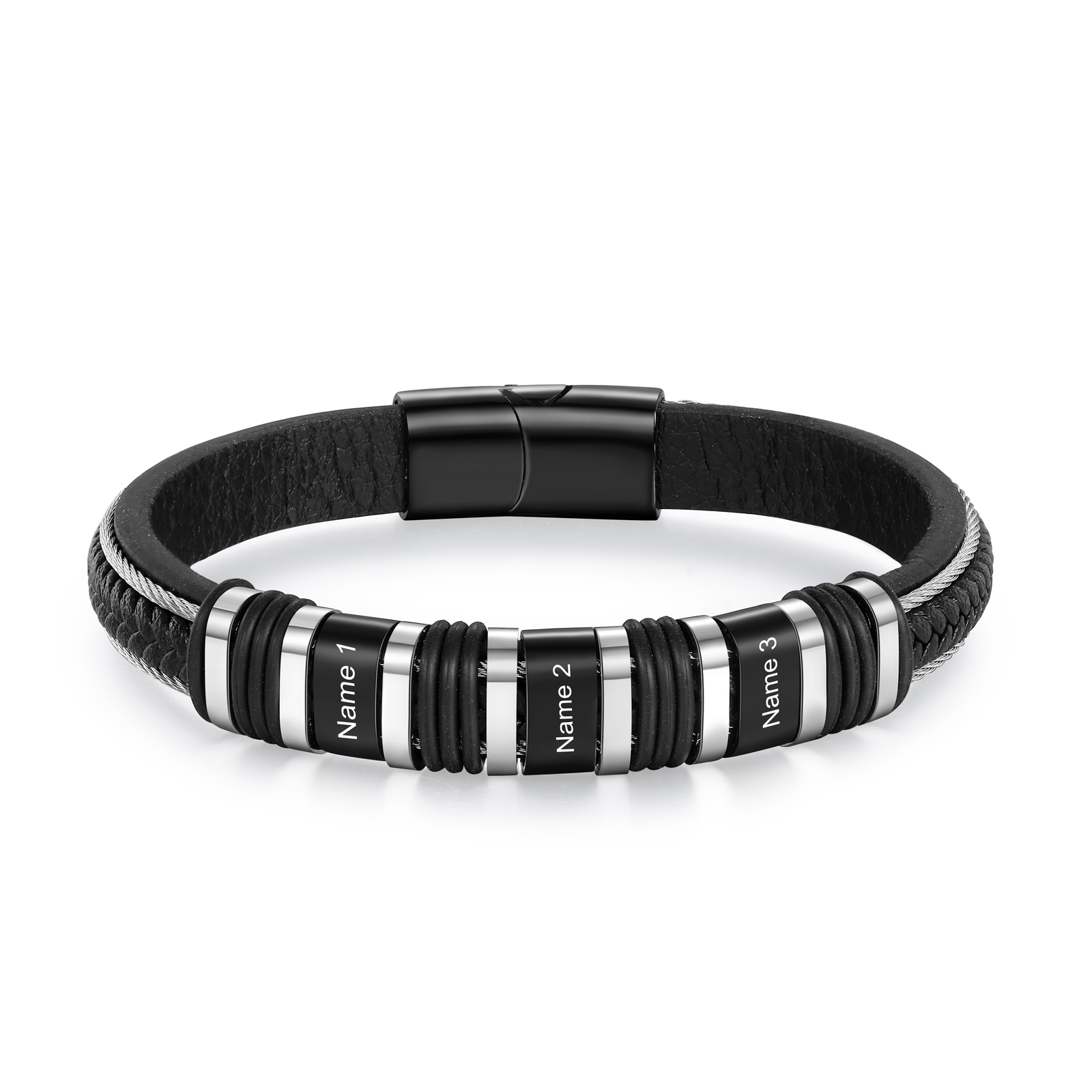 Personalised Men Leather Stainless Steel Bracelet with 3 Names - Custom Gift for Him | Jessemade