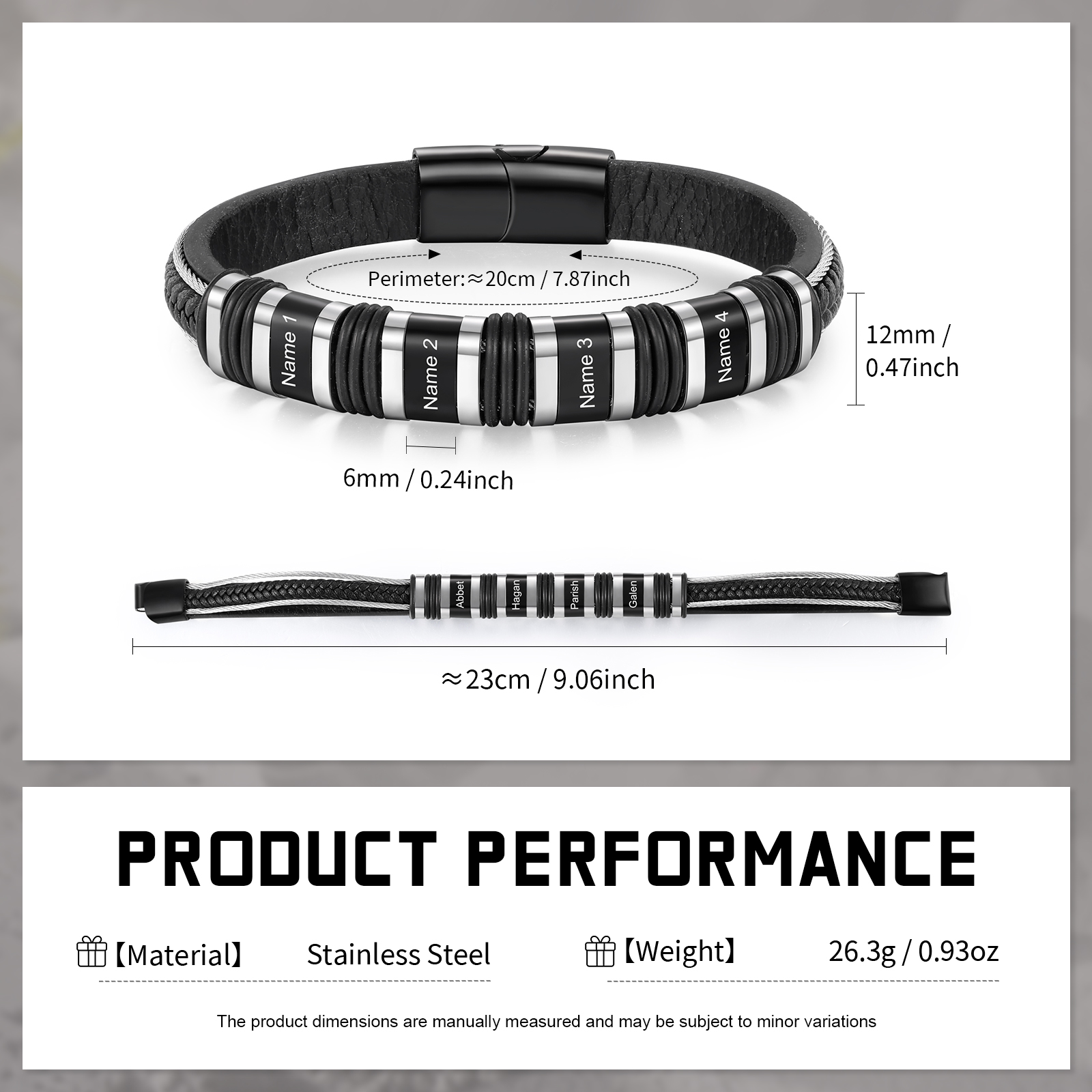 Personalised Men Leather Stainless Steel Bracelet with 4 Names - Custom Gift for Him | Jessemade