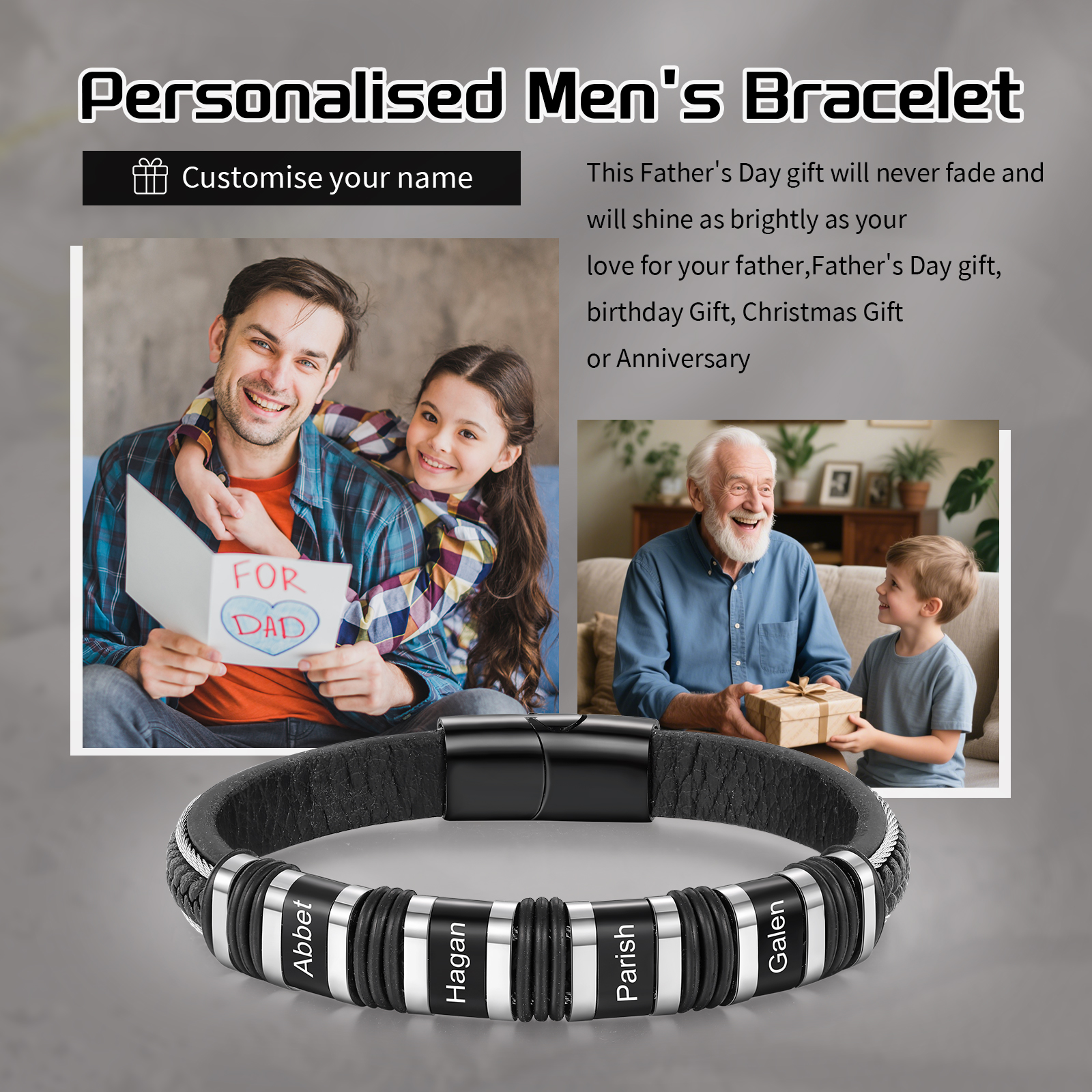 Personalised Men Leather Stainless Steel Bracelet with 4 Names - Custom Gift for Him | Jessemade