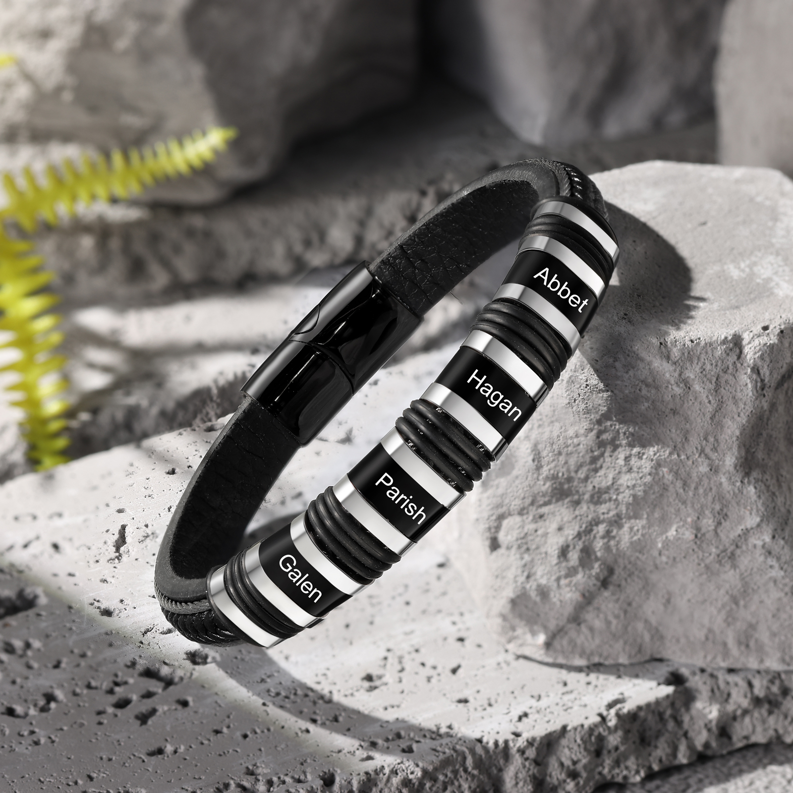 Personalised Men Leather Stainless Steel Bracelet with 4 Names - Custom Gift for Him | Jessemade