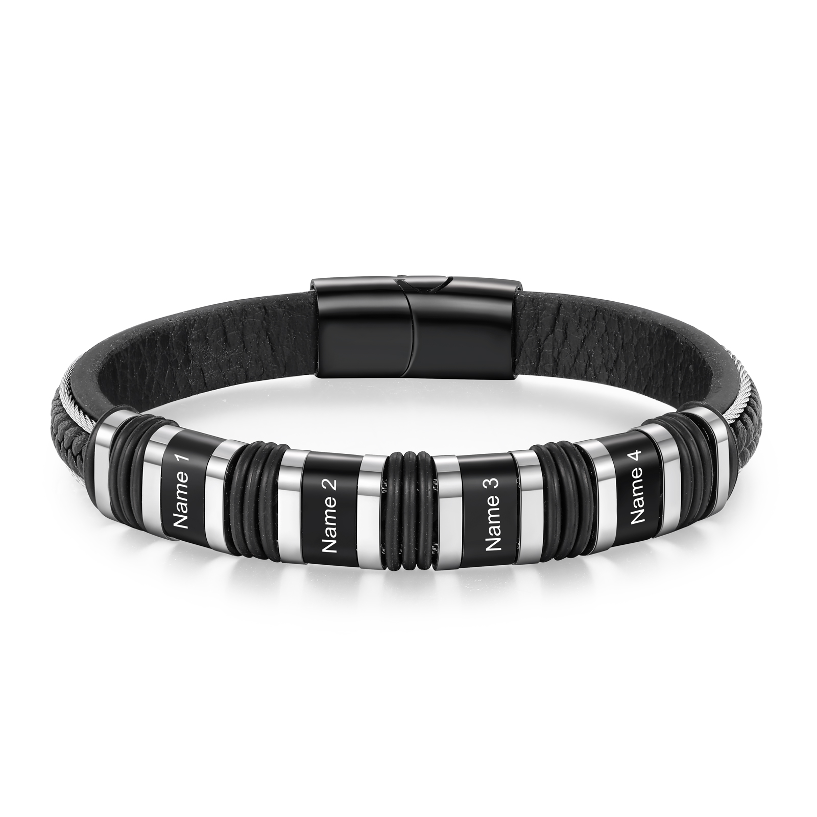 Personalised Men Leather Stainless Steel Bracelet with 4 Names - Custom Gift for Him | Jessemade