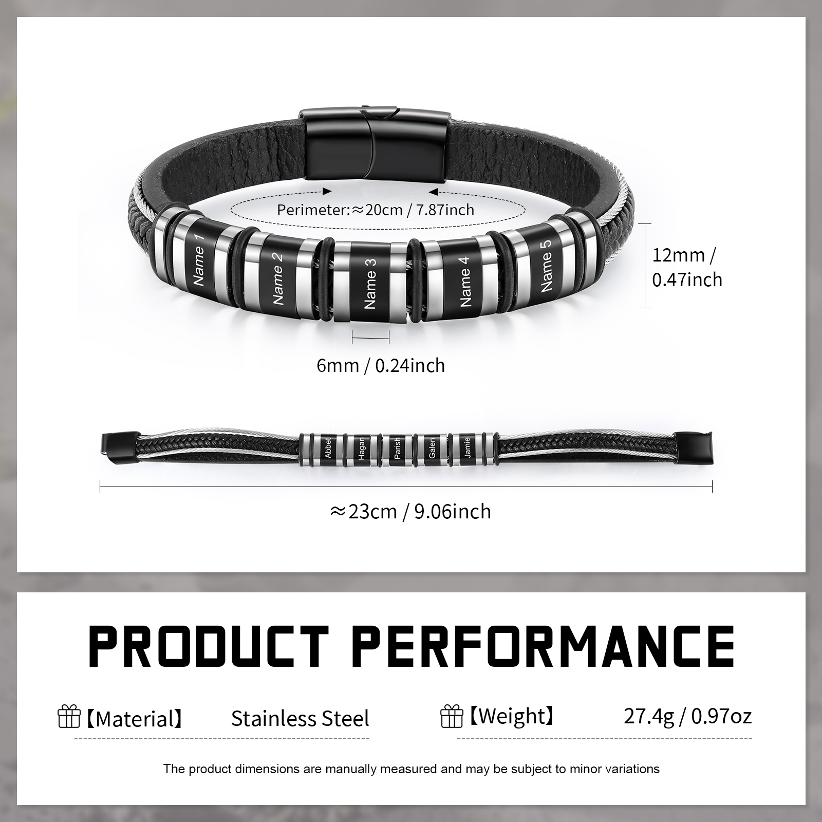 Personalised Men Leather Stainless Steel Bracelet with 5 Names - Custom Gift for Him | Jessemade