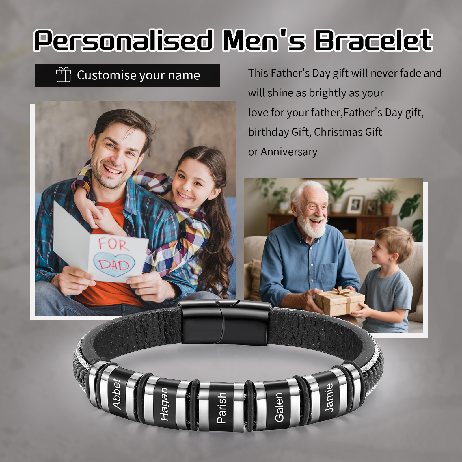 Personalised Men Leather Stainless Steel Bracelet with 5 Names - Custom Gift for Him | Jessemade