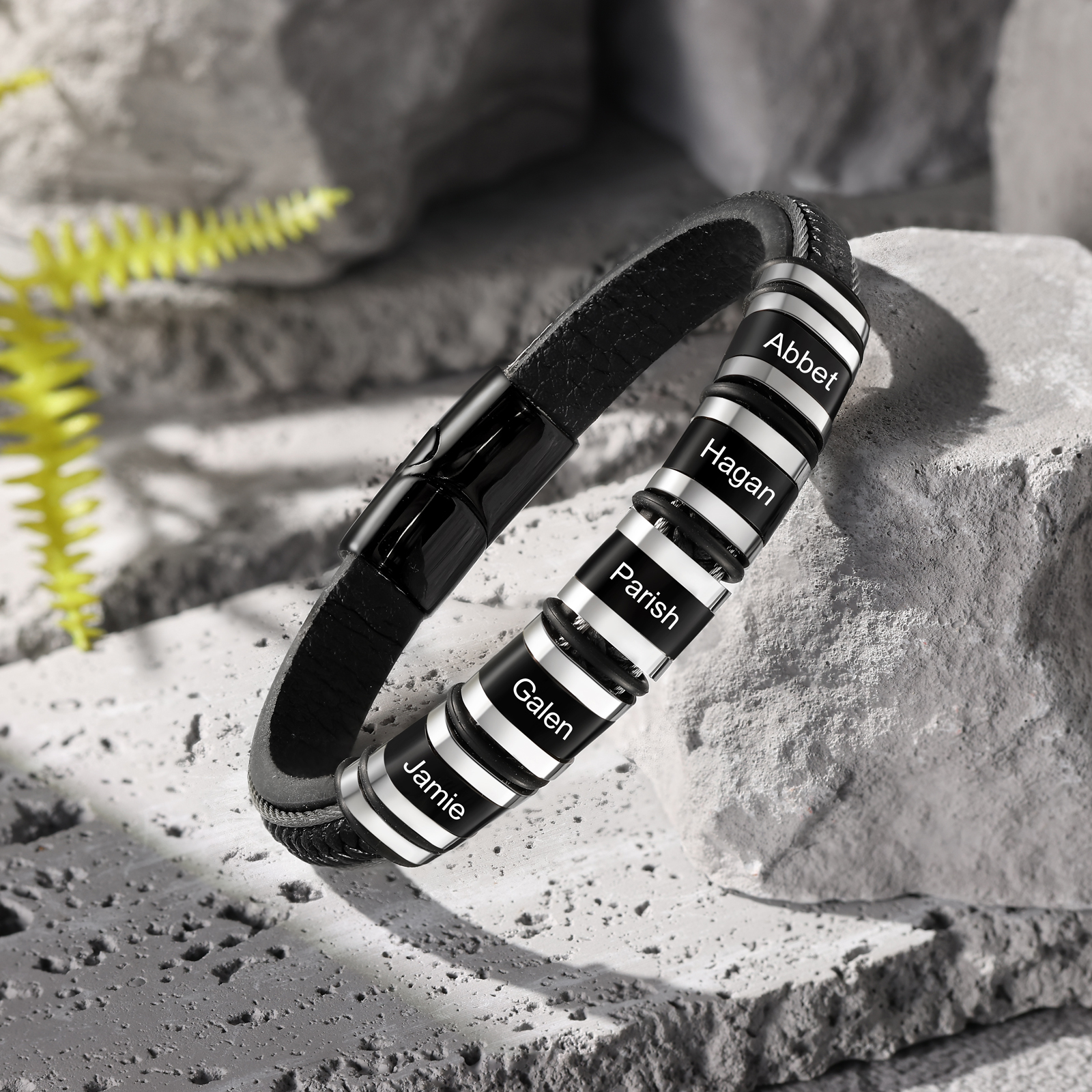 Personalised Men Leather Stainless Steel Bracelet with 5 Names - Custom Gift for Him | Jessemade