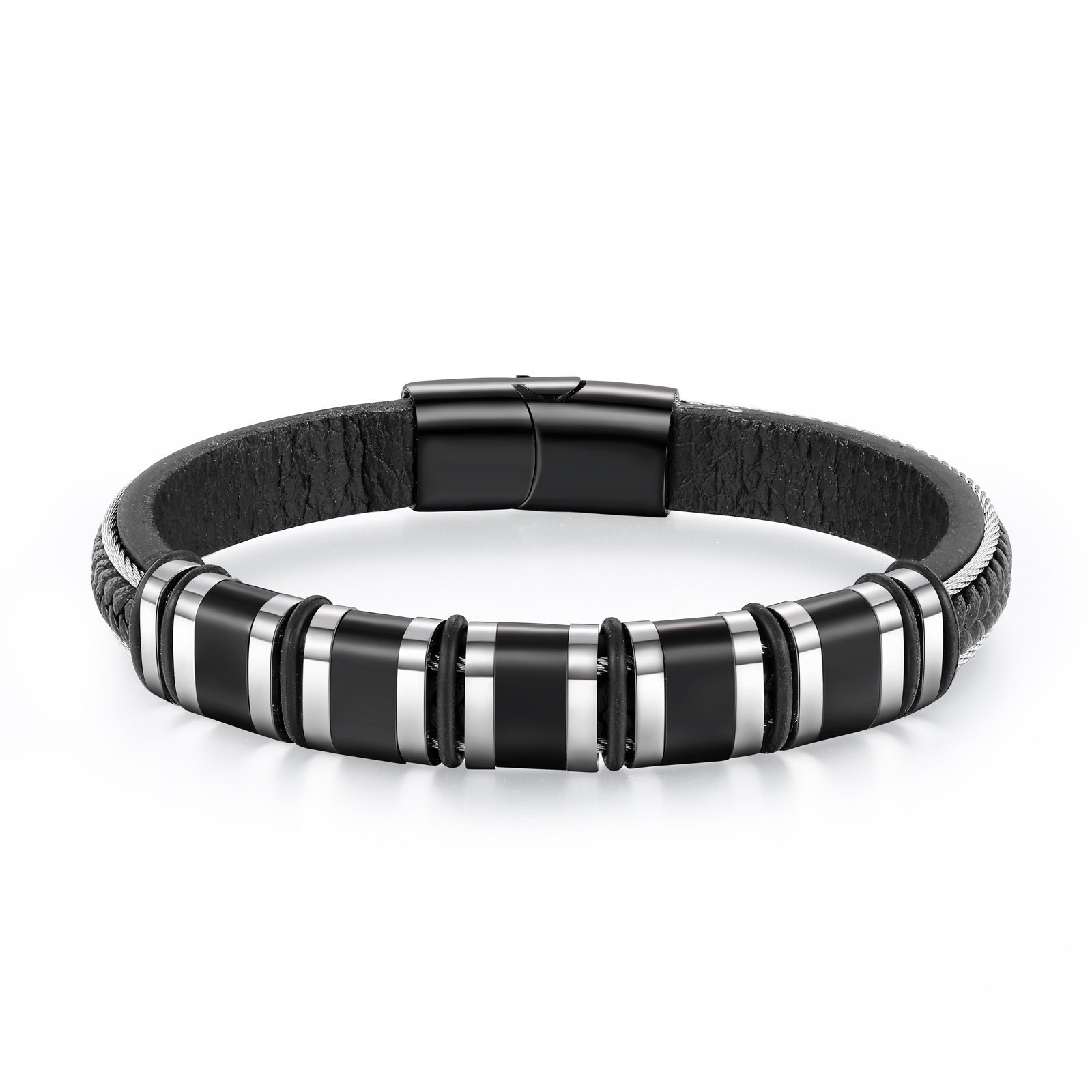 Personalised Men Leather Stainless Steel Bracelet with 5 Names - Custom Gift for Him | Jessemade