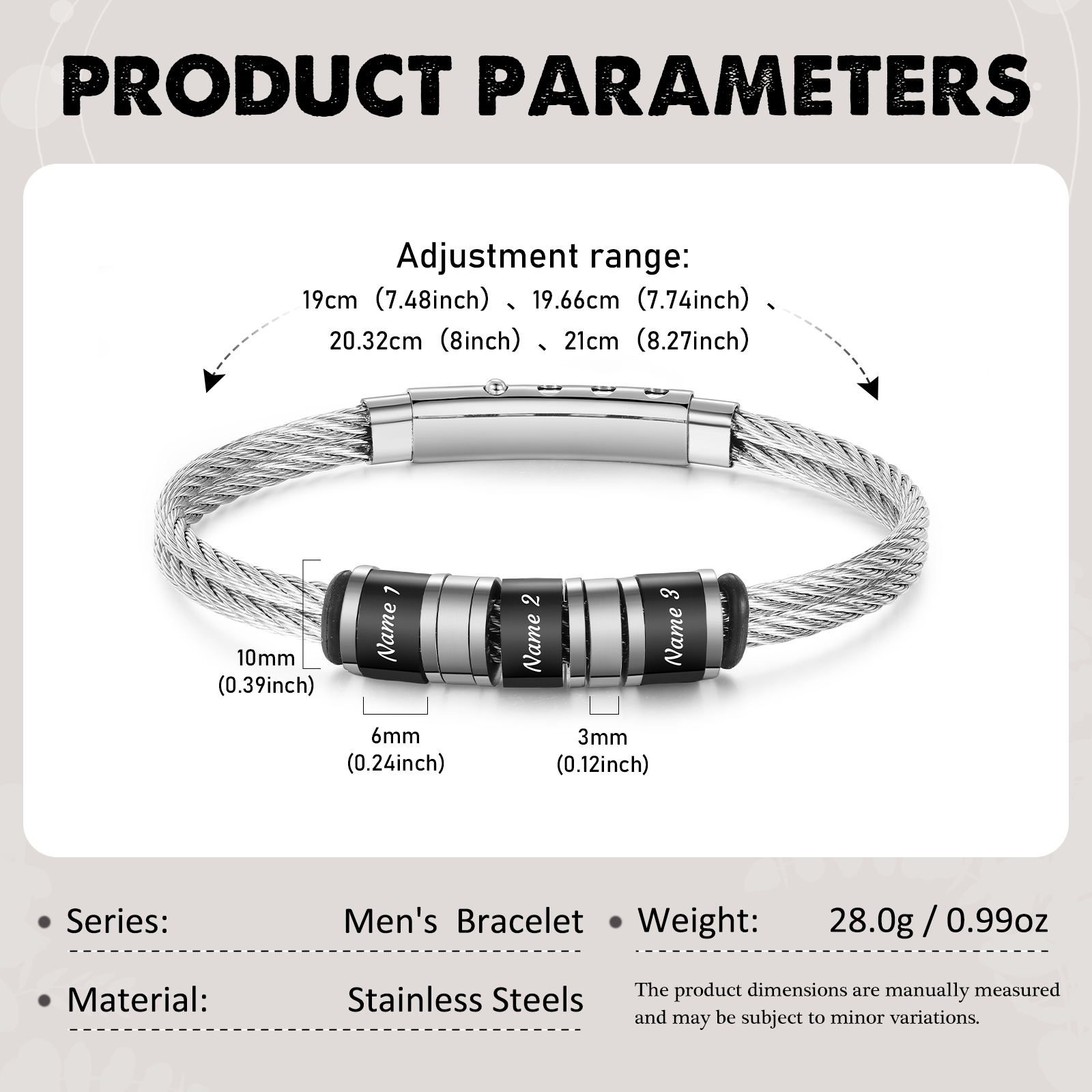Personalised Men Stainless Steel Adjustable Bracelet with 3 Names - Custom Gift for Him | Jessemade