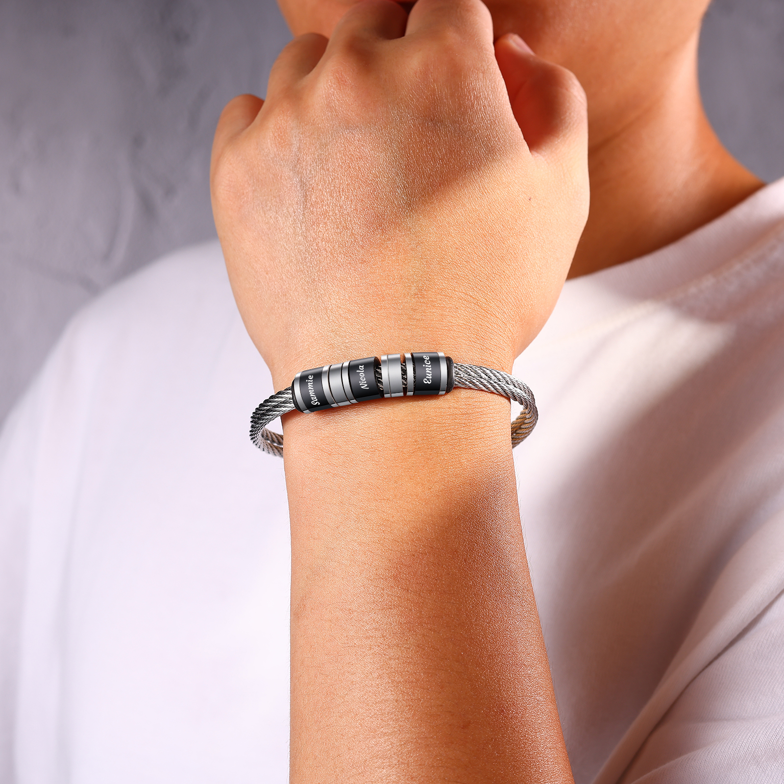 Personalised Men Stainless Steel Adjustable Bracelet with 3 Names - Custom Gift for Him | Jessemade