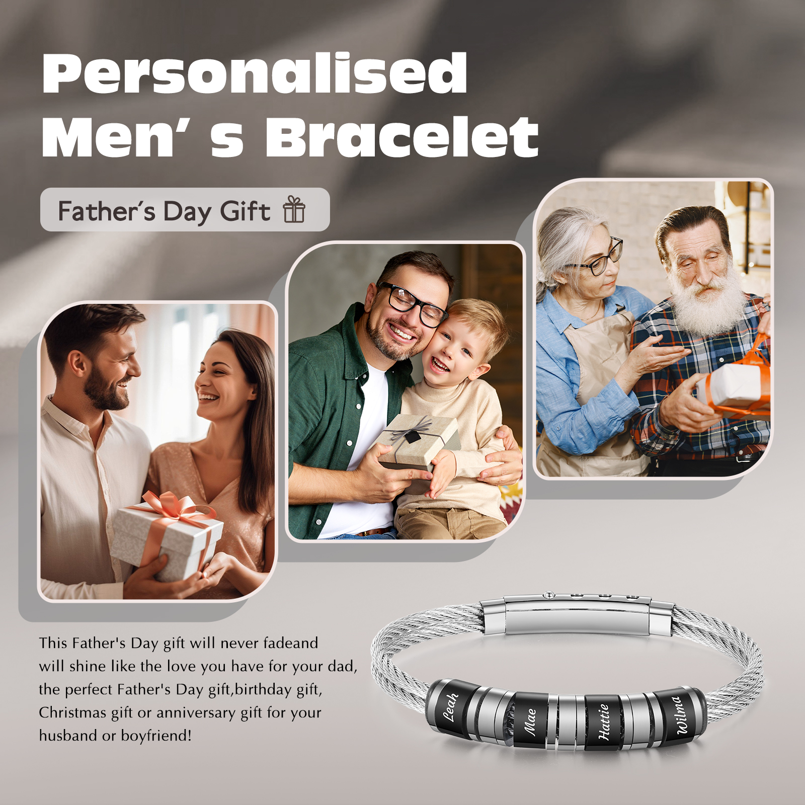 Personalised Men Stainless Steel Adjustable Bracelet with 4 Names - Custom Gift for Him | Jessemade