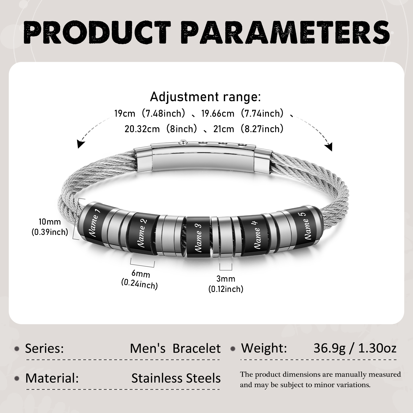 Personalised Men Stainless Steel Adjustable Bracelet with 5 Names - Custom Gift for Him | Jessemade