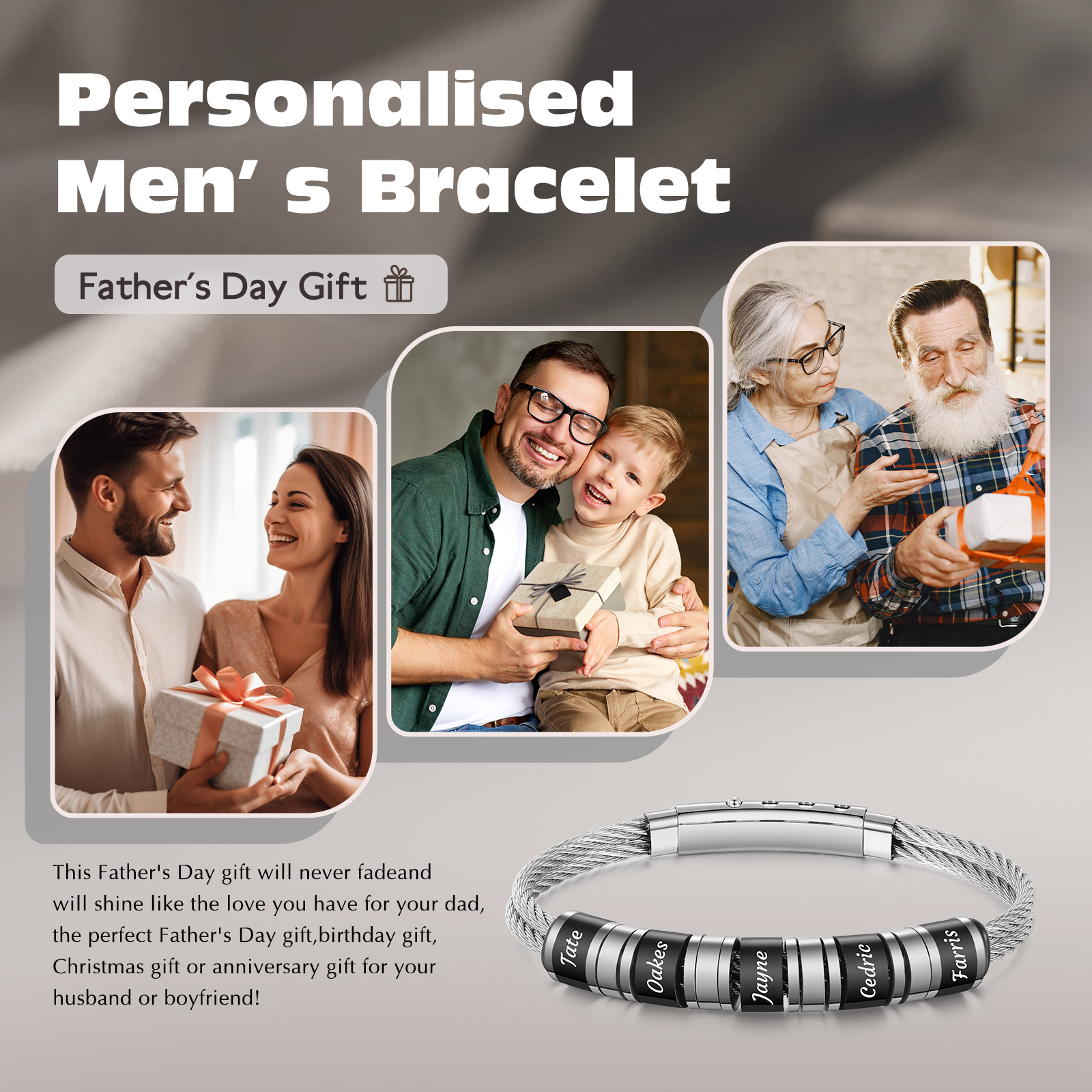 Personalised Men Stainless Steel Adjustable Bracelet with 5 Names - Custom Gift for Him | Jessemade